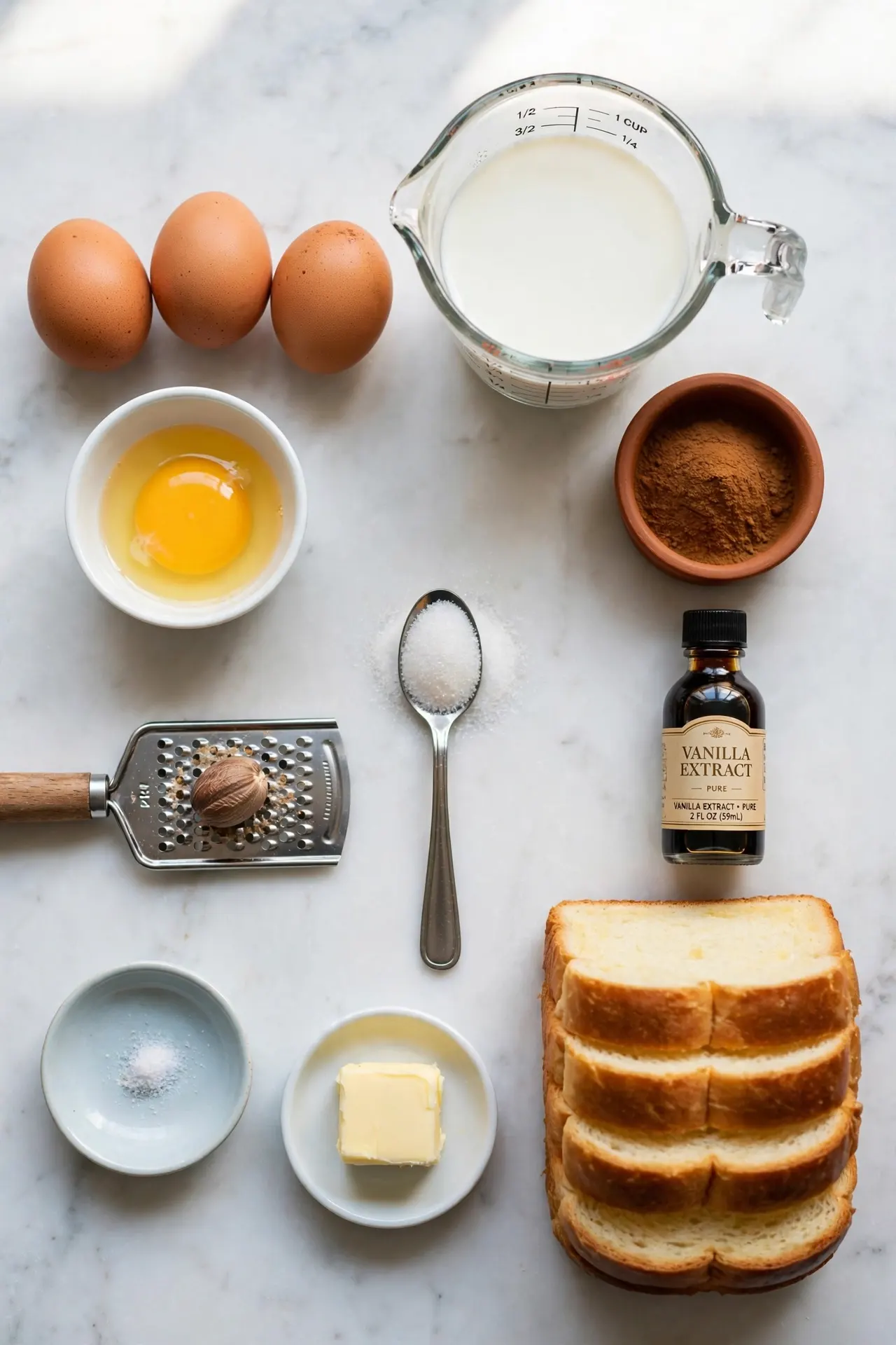 All ingredients for french toast arranged on white marble including eggs, whole milk, cinnamon, vanilla, and thick brioche slices — french toast recipe ingredients