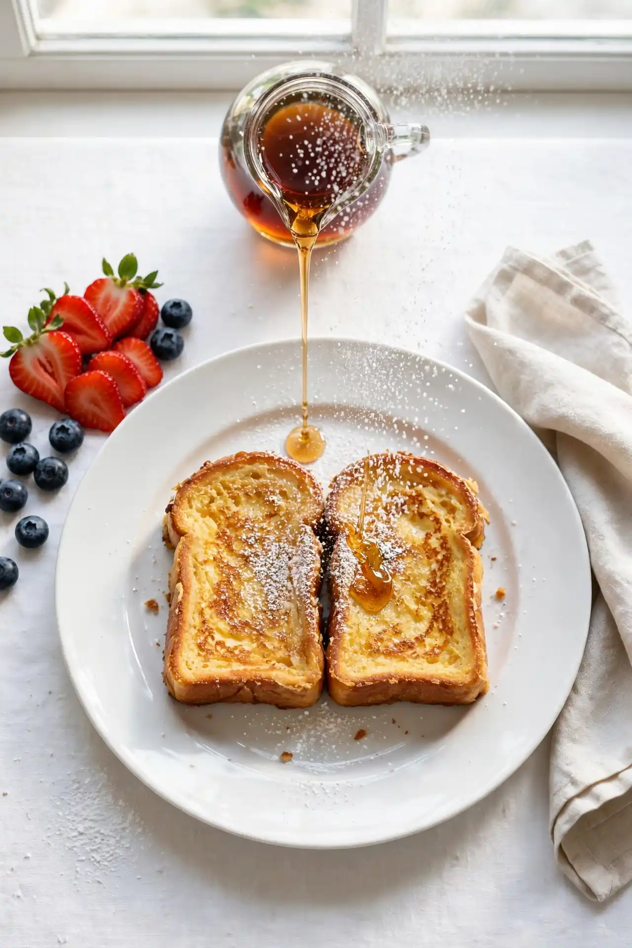 French toast plated with fresh berries, powdered sugar, and maple syrup on a white plate, ready to serve — french toast recipe