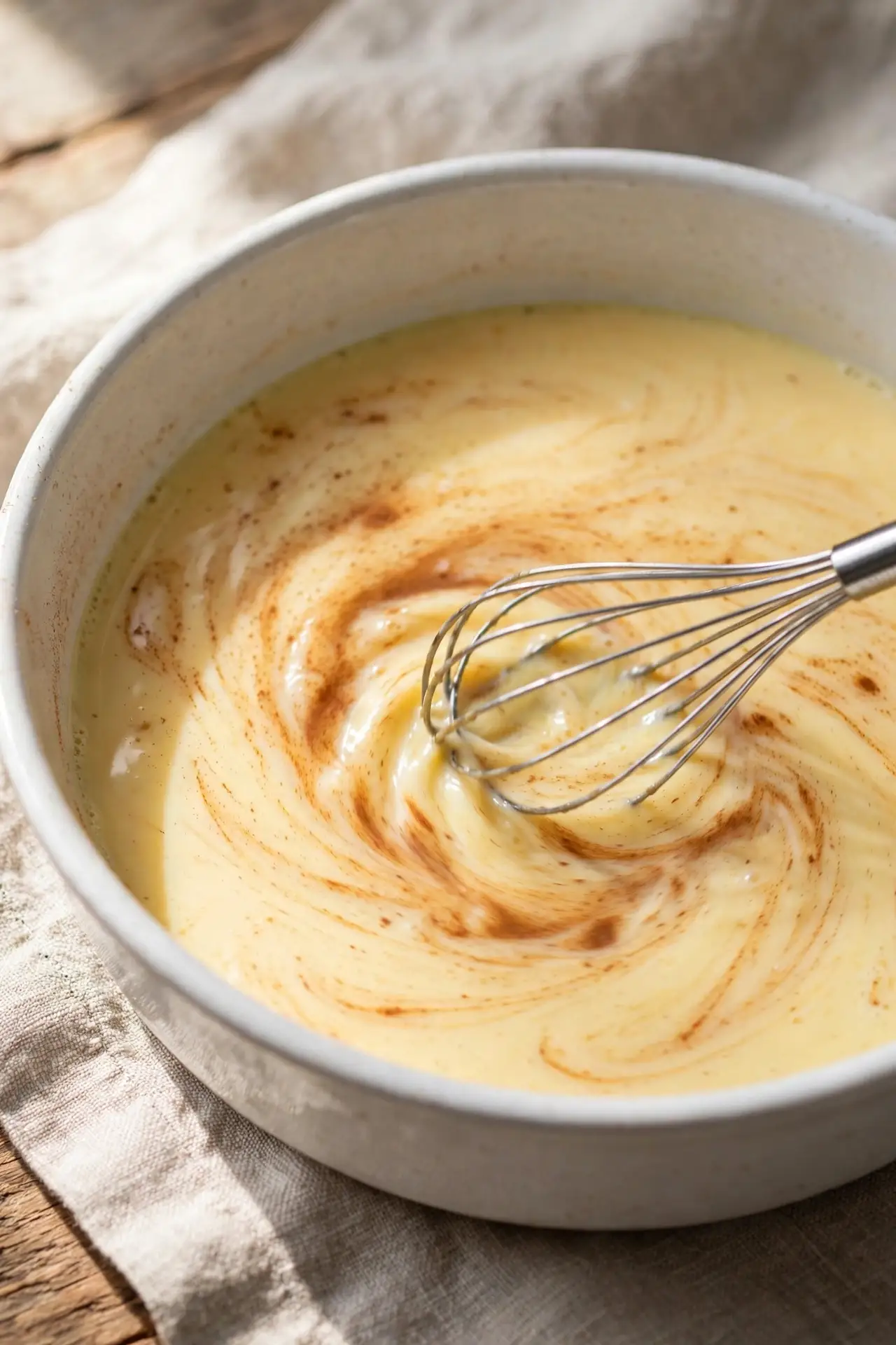 Whisking egg custard with cinnamon and vanilla in a shallow white dish — early step in making french toast recipe