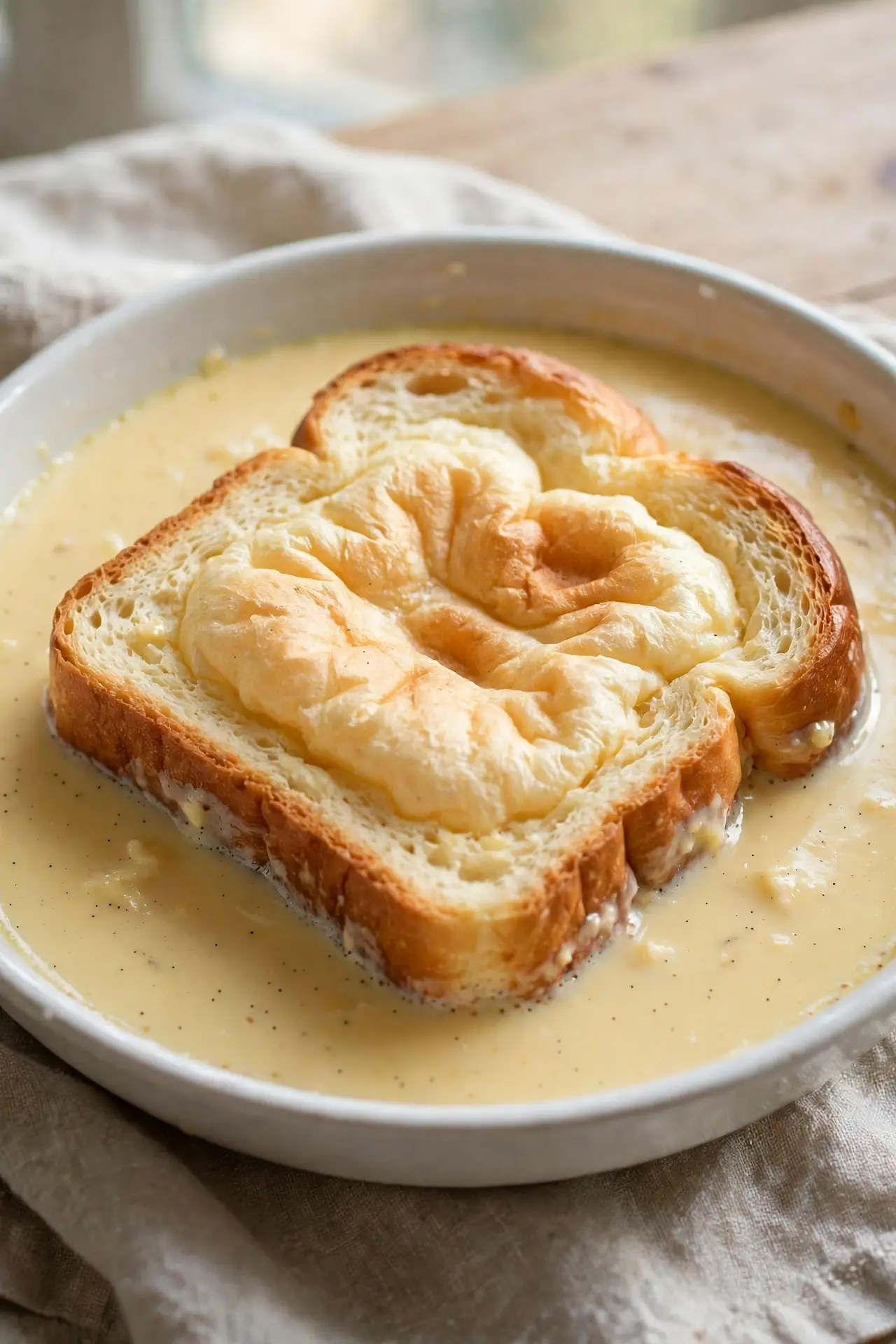 Thick brioche bread soaking in egg custard in a shallow dish, pressed gently — midpoint step in making french toast recipe
