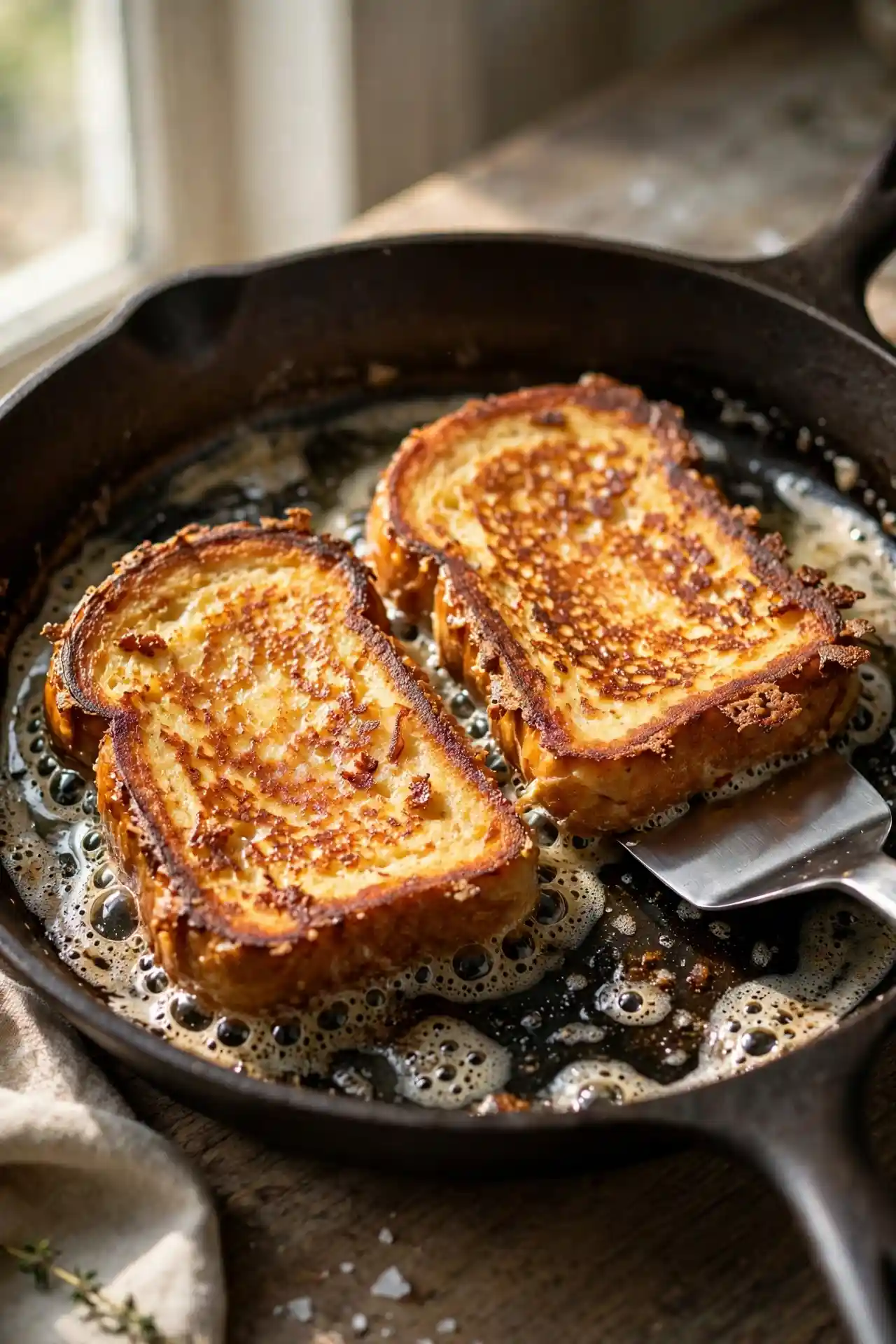 Two french toast slices cooking in cast iron skillet with crispy golden edges — final cooking step in french toast recipe