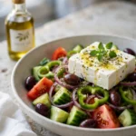 Greek salad served in a white ceramic bowl with a feta block, kalamata olives, cucumber chunks, and tomato wedges on a stone surface, natural light — greek salad