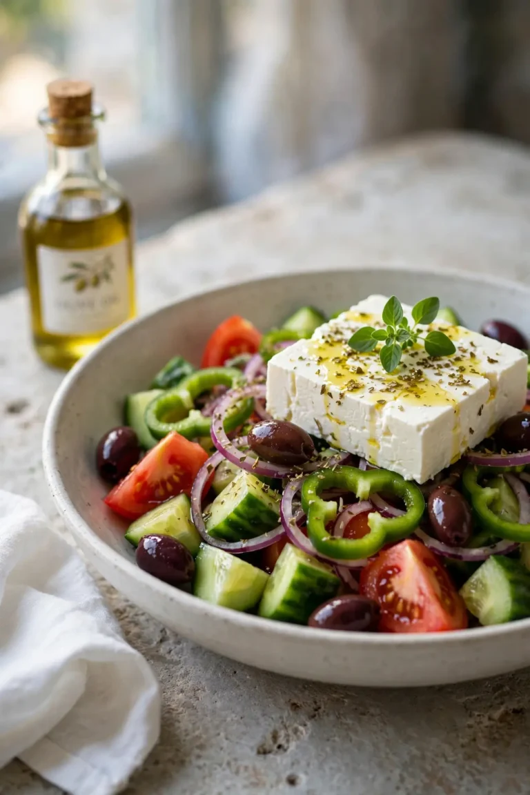 Greek salad served in a white ceramic bowl with a feta block, kalamata olives, cucumber chunks, and tomato wedges on a stone surface, natural light — greek salad