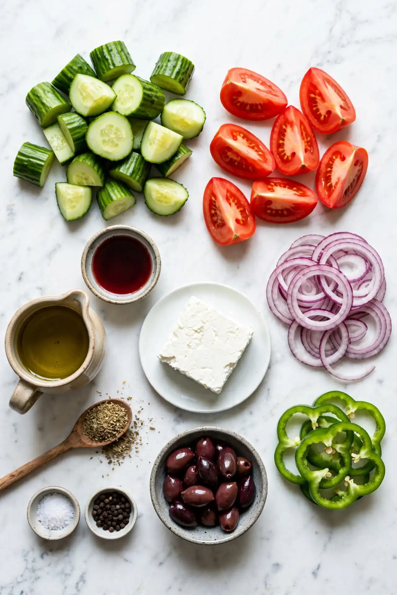 All ingredients for Greek salad laid out on white marble, including feta block, kalamata olives, cucumber, and tomatoes — greek salad ingredients
