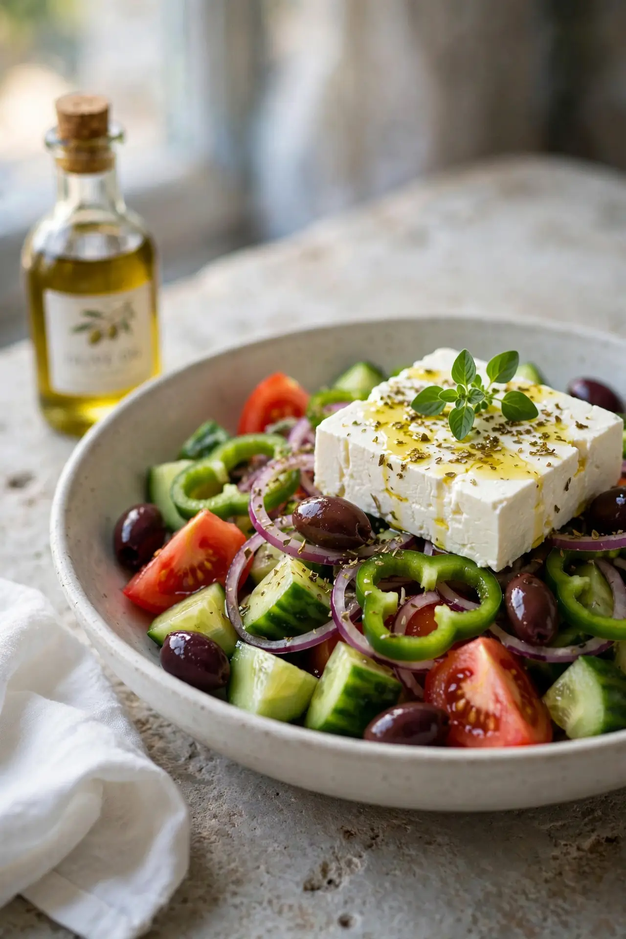 Greek salad served in a white ceramic bowl with a feta block, kalamata olives, cucumber chunks, and tomato wedges on a stone surface, natural light — greek salad