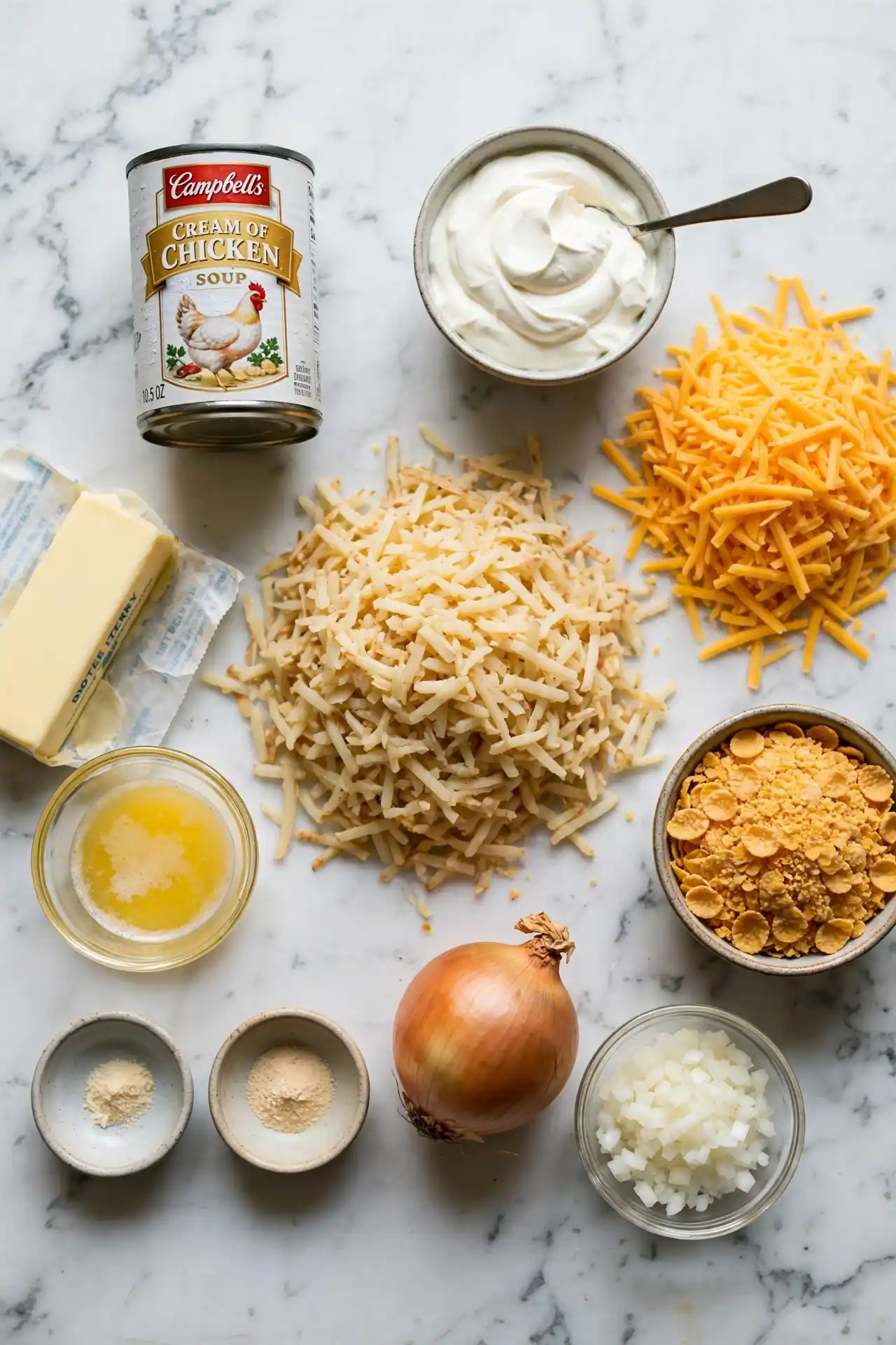 All ingredients for hashbrown casserole laid out flat on white marble, including frozen hashbrowns, cream of chicken soup, sour cream, cheddar, butter, onion, and cornflakes — hashbrown casserole ingredients