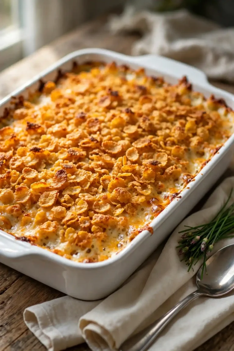 Hashbrown casserole in a white baking dish with a golden cornflake crust and bubbling cheddar at the edges, on a light wooden surface — hashbrown casserole