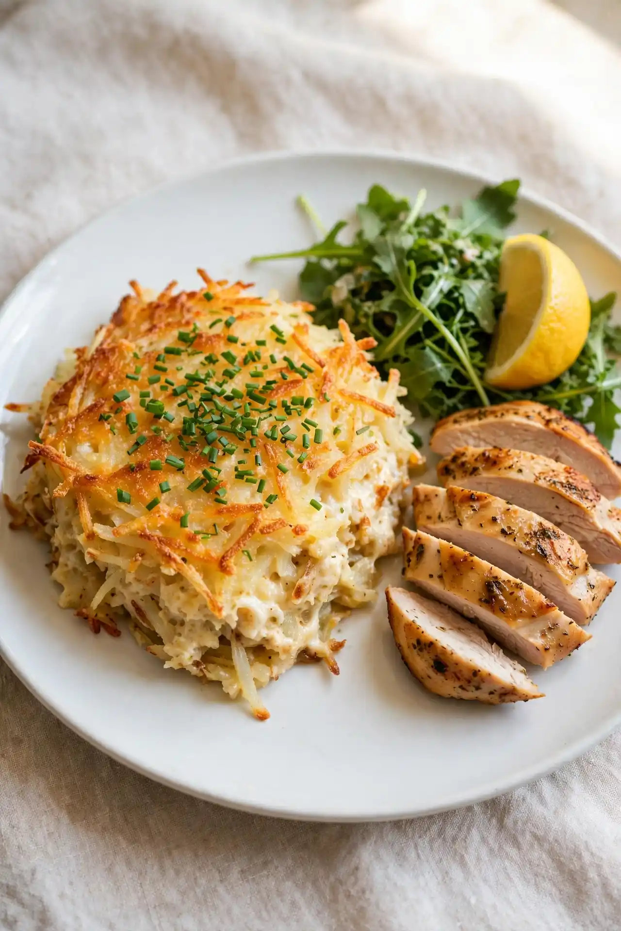 Hashbrown casserole plated with arugula salad and sliced chicken on a white plate, ready to serve — hashbrown casserole