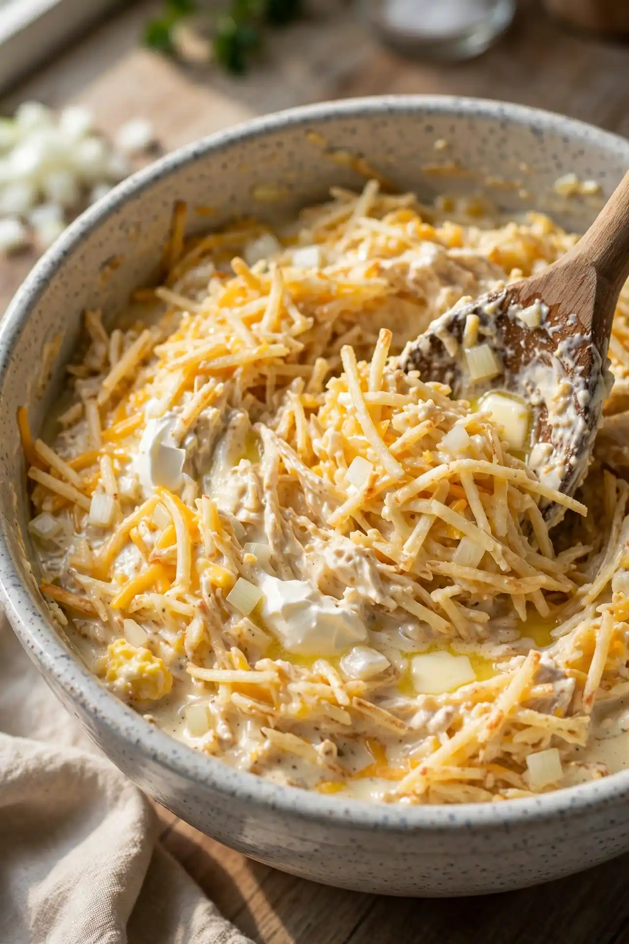 Large bowl of hashbrown casserole mixture being stirred, showing shredded potatoes combined with sour cream, cheese, and cream soup — step in making hashbrown casserole