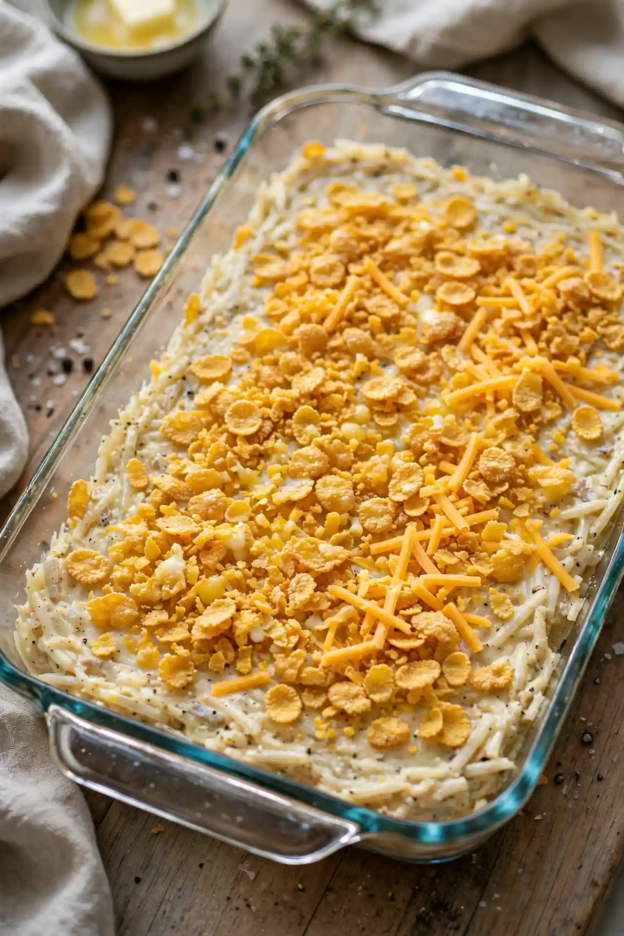 Unbaked hashbrown casserole in a white baking dish topped with buttered cornflakes and shredded cheddar, ready for the oven — step in making hashbrown casserole