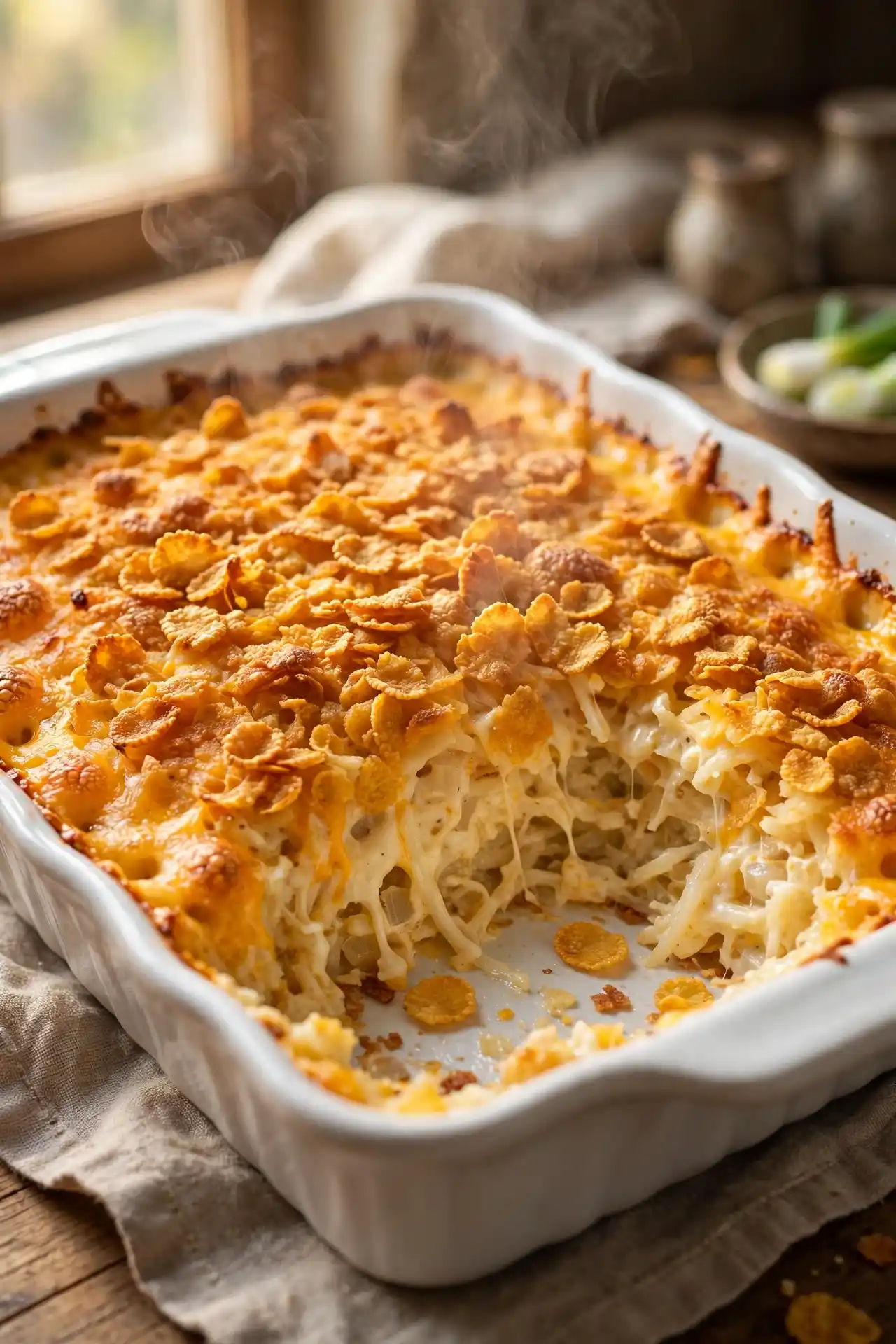 Freshly baked hashbrown casserole with a golden cornflake crust and a scooped portion revealing the creamy cheesy interior — final step in making hashbrown casserole