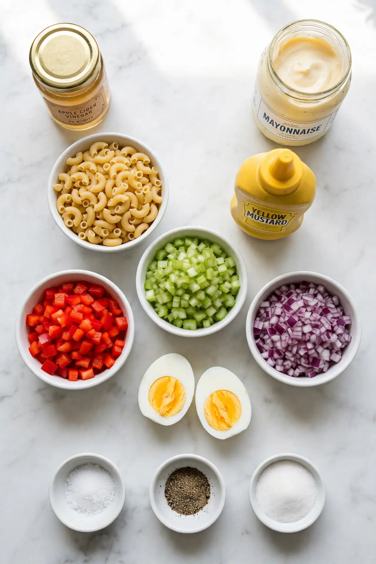 All ingredients for macaroni salad laid out flat on white marble — macaroni salad ingredients