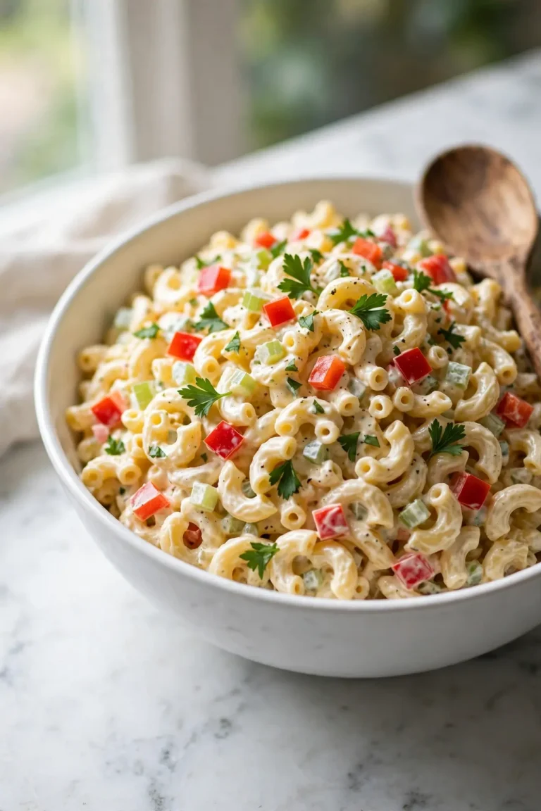 Classic macaroni salad in a white ceramic bowl garnished with fresh parsley on a marble surface, natural light — macaroni salad
