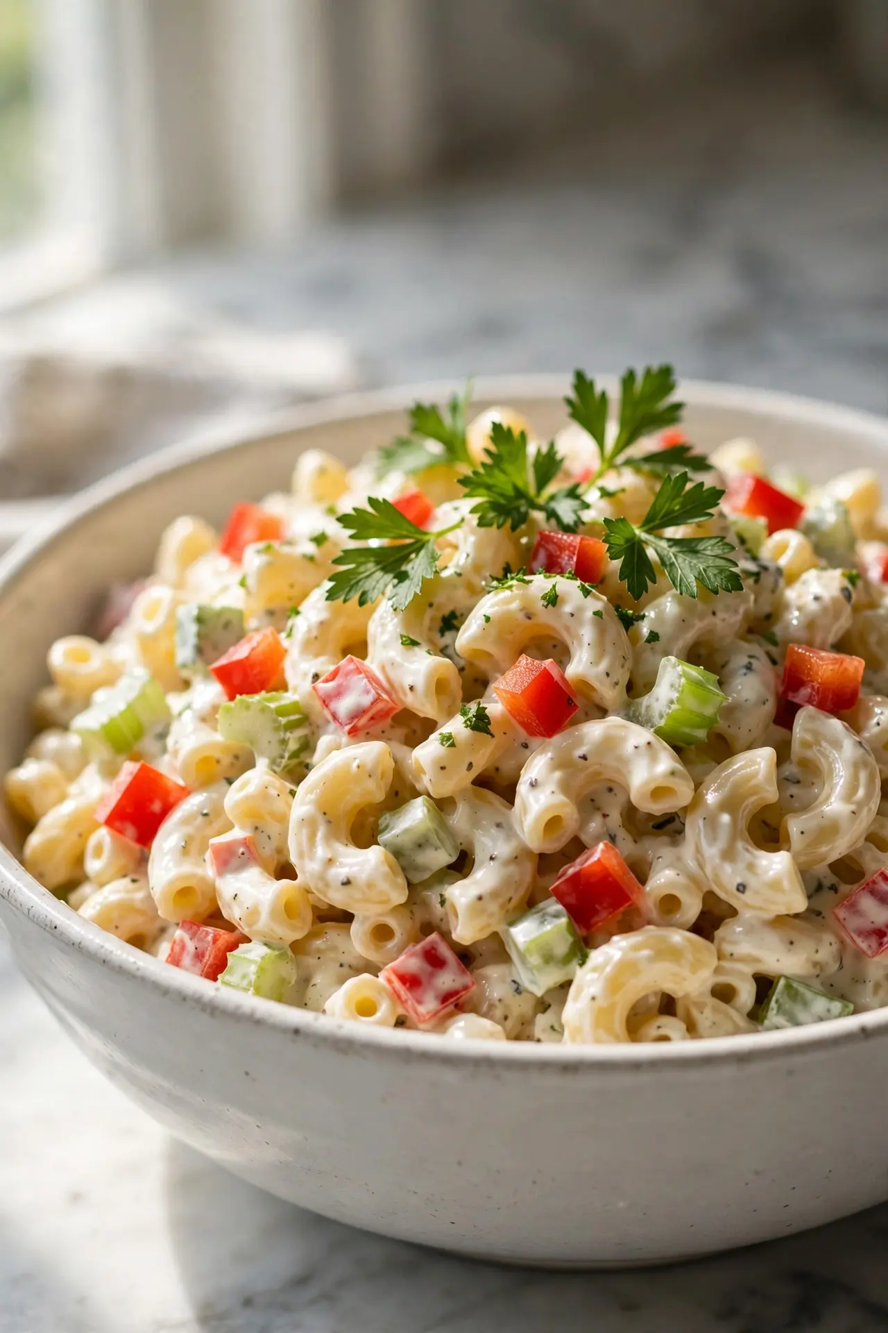 Close-up of creamy macaroni salad showing colorful vegetables and parsley garnish, macaroni salad