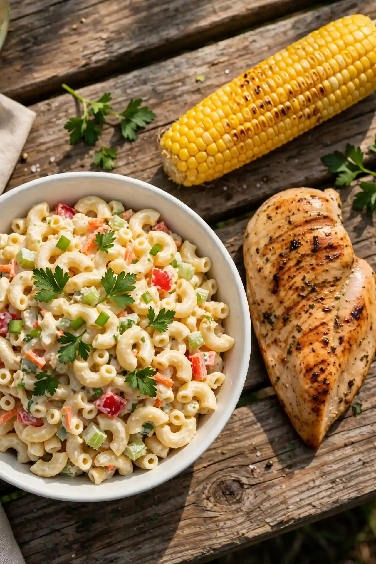 Macaroni salad served alongside grilled chicken and corn on the cob on a wooden table, ready to serve — macaroni salad