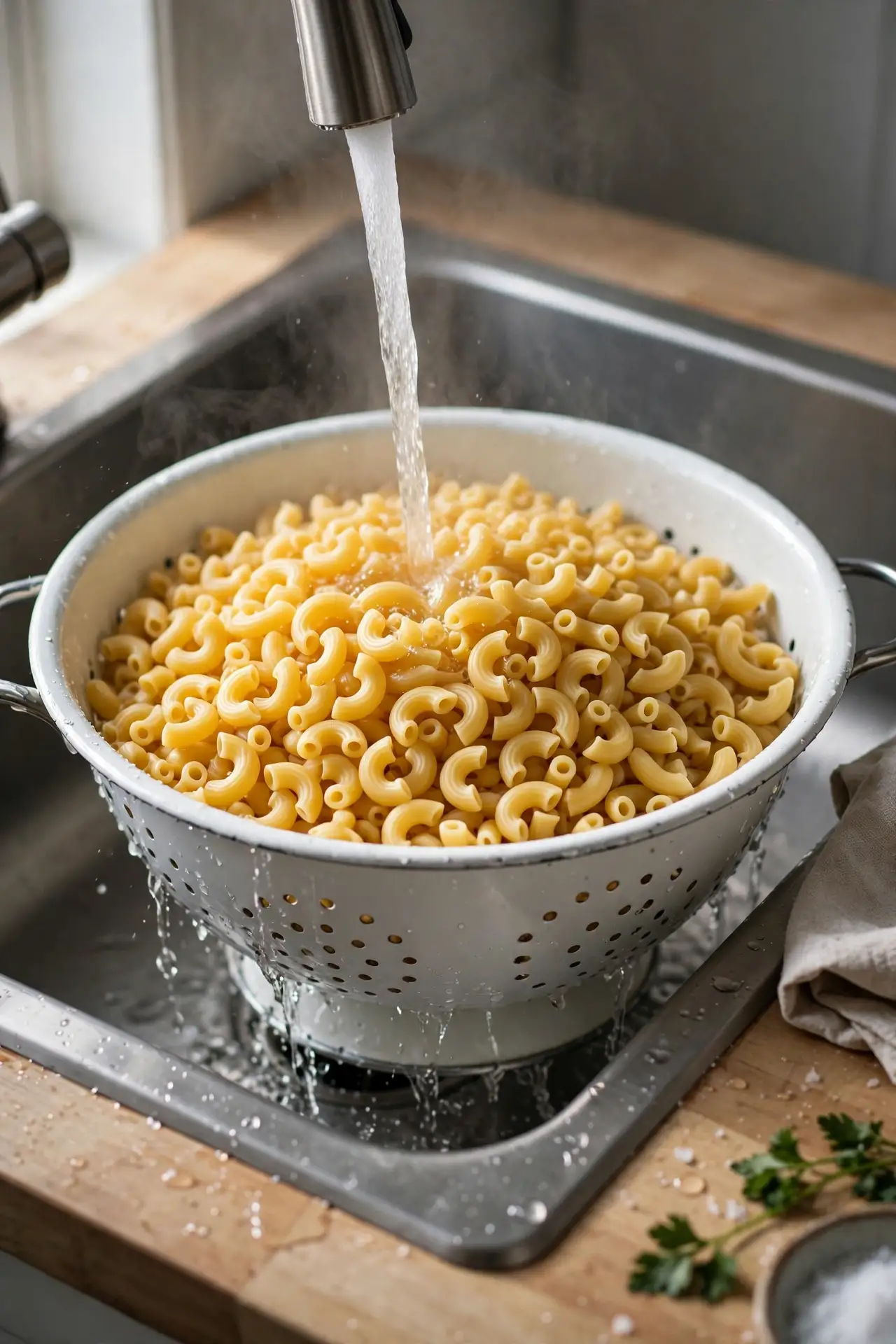 Elbow macaroni draining in a colander under cold running water — step in making macaroni salad