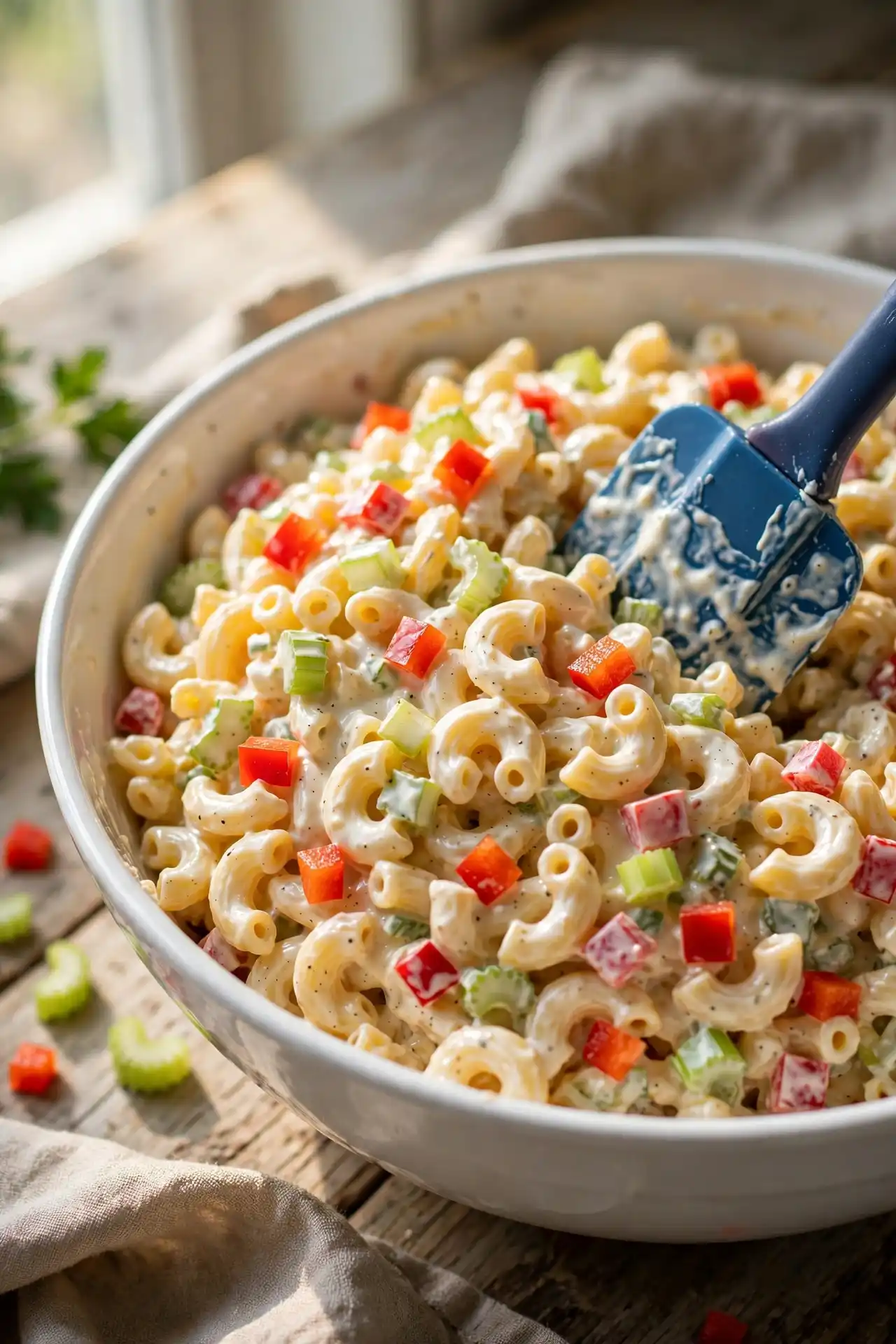 Creamy macaroni being mixed with dressing in a large bowl with a spatula — step in making macaroni salad