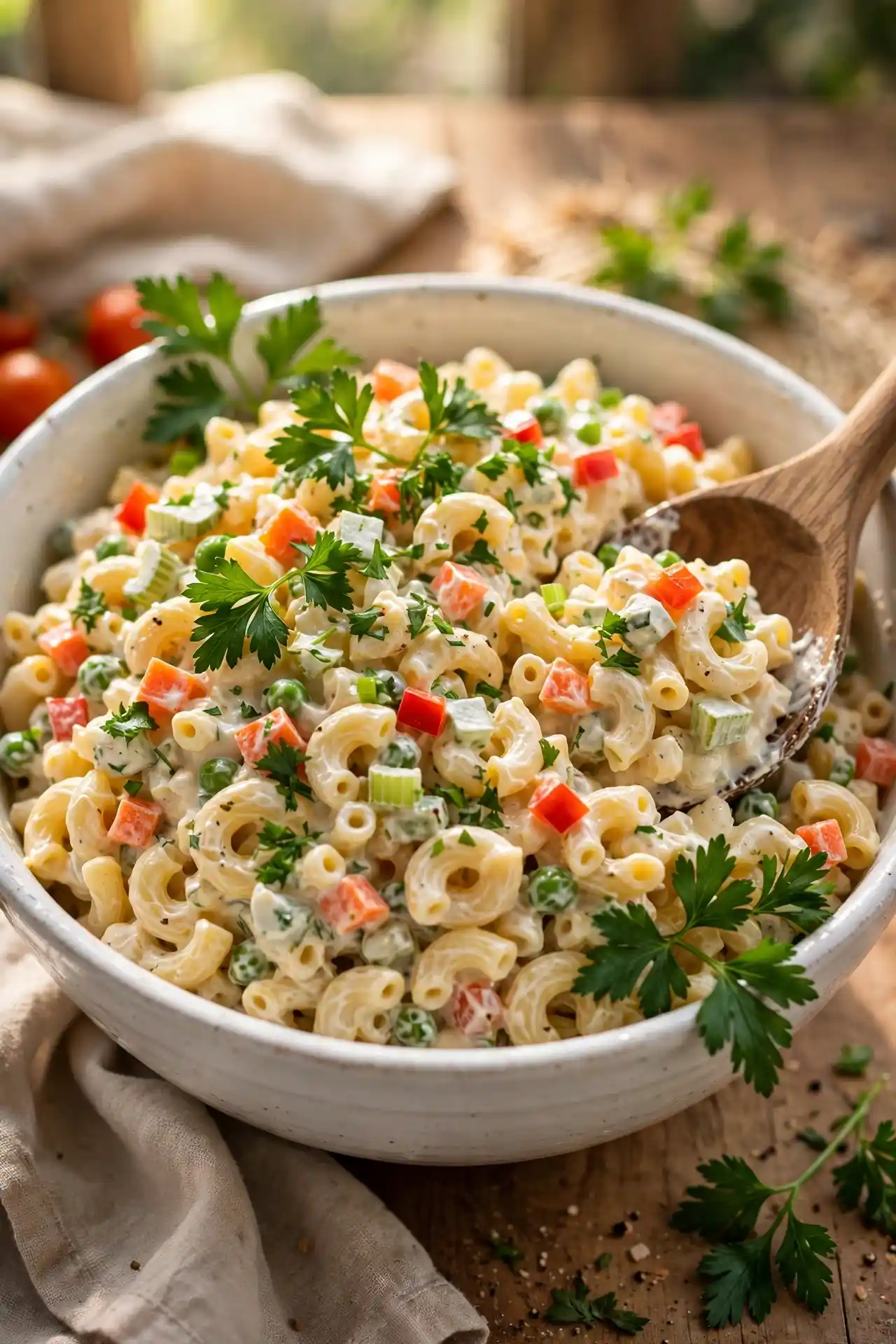 Macaroni salad being served from a bowl with a wooden spoon, garnished with parsley — final step in making macaroni salad