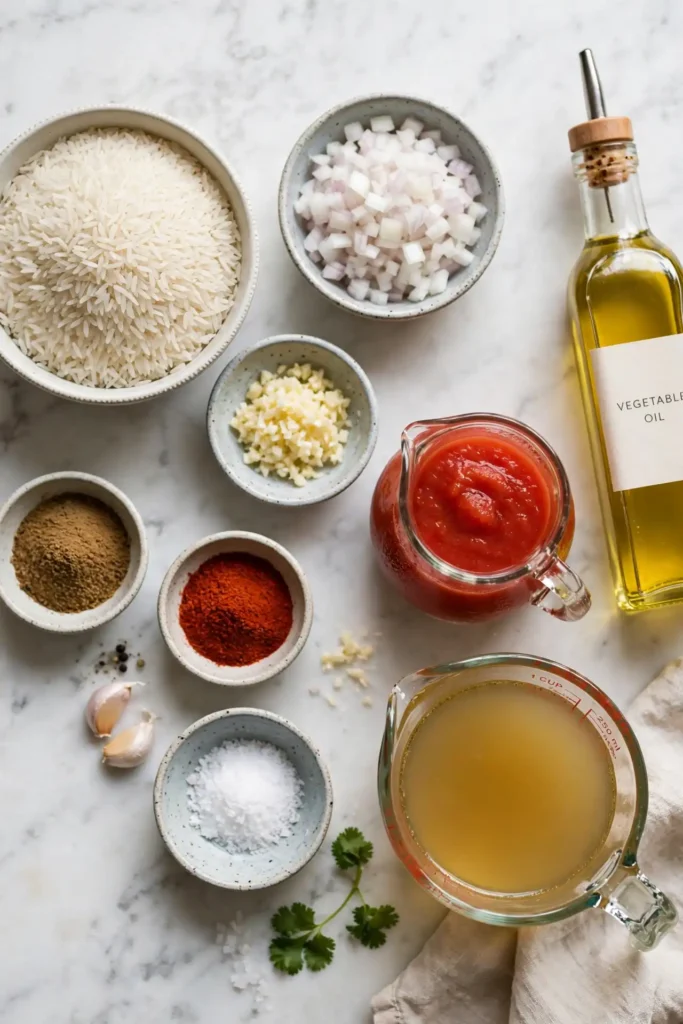 All ingredients for Mexican rice laid out on a white marble surface — mexican rice ingredients