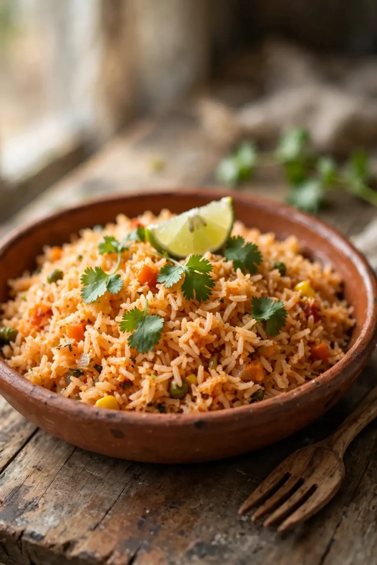 Mexican rice served in a terracotta bowl on a wooden surface, garnished with fresh cilantro and lime — mexican rice recipe