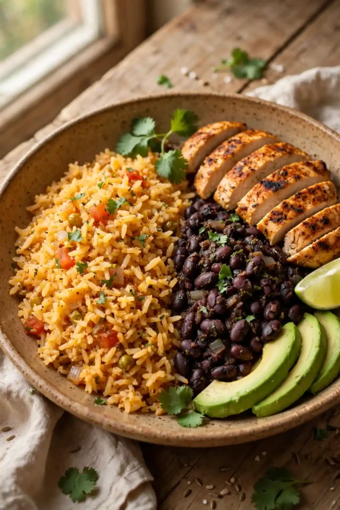 Mexican rice served alongside black beans and grilled chicken in a ceramic bowl, garnished with cilantro — Mexican rice serving suggestion
