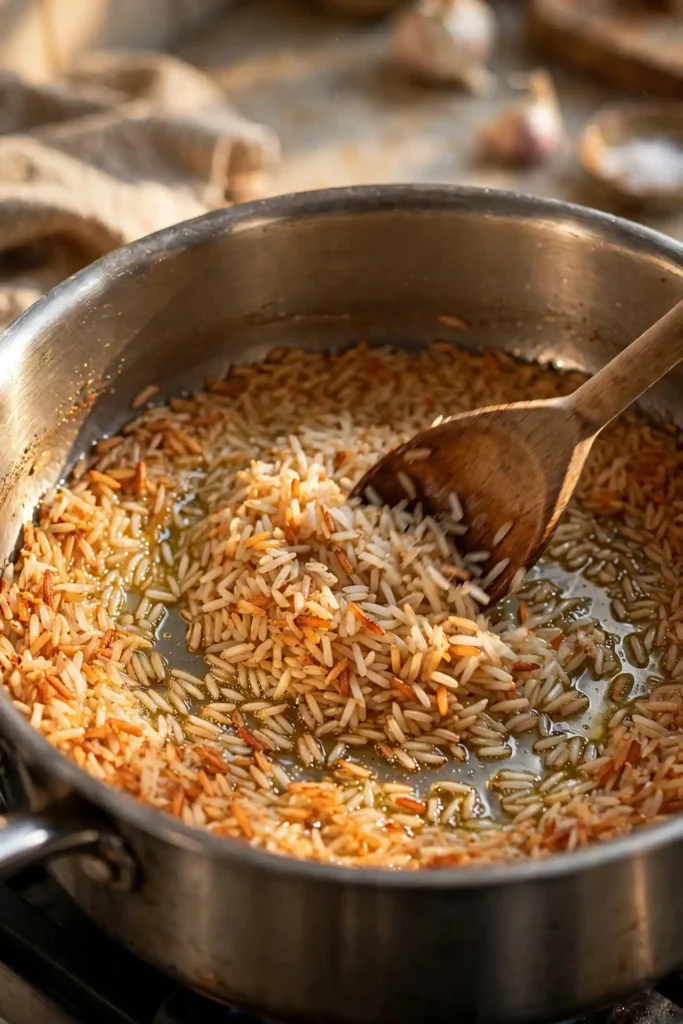 White rice toasting in oil in a saucepan until golden — early step in making Mexican rice