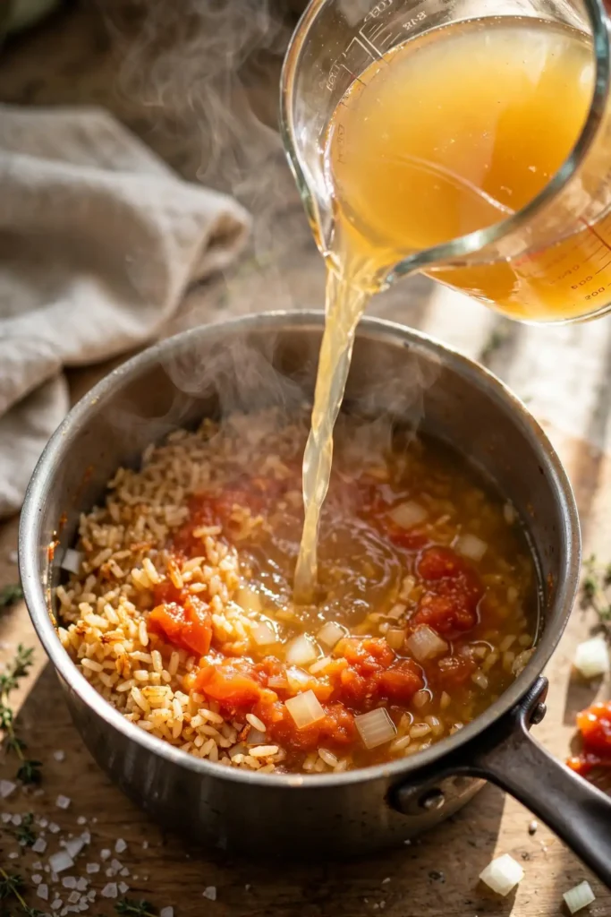 Chicken broth poured into spiced tomato rice mixture in a saucepan — midpoint step in making Mexican rice