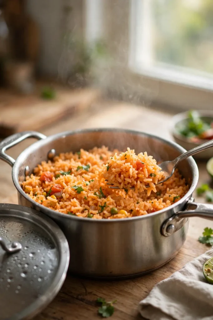 Lid removed from saucepan revealing fluffy cooked Mexican rice — final step before serving