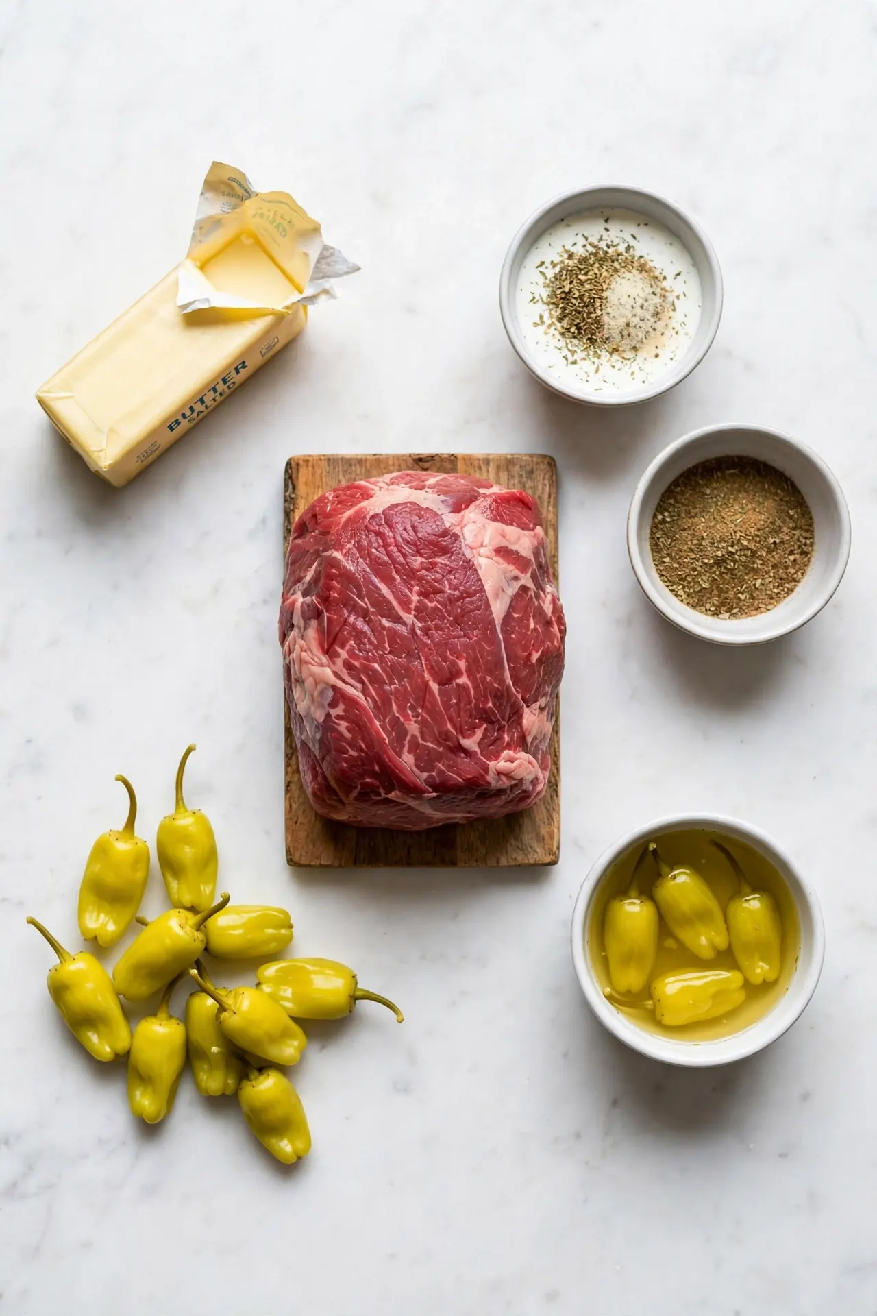 All ingredients for mississippi pot roast laid out flat on white marble — mississippi pot roast ingredients
