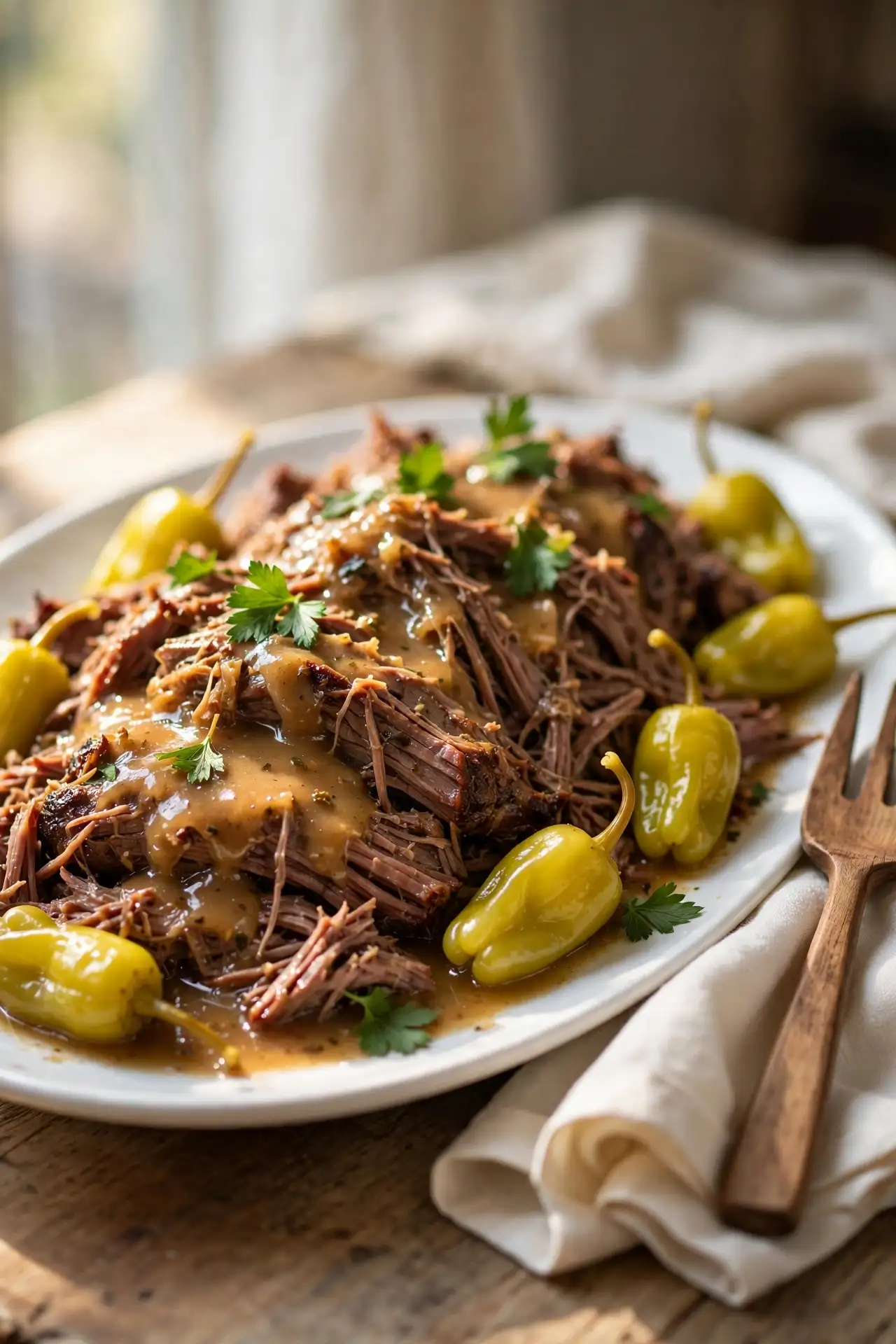 Shredded Mississippi pot roast on a white ceramic platter with buttery gravy and pepperoncini peppers, garnished with parsley — mississippi pot roast recipe