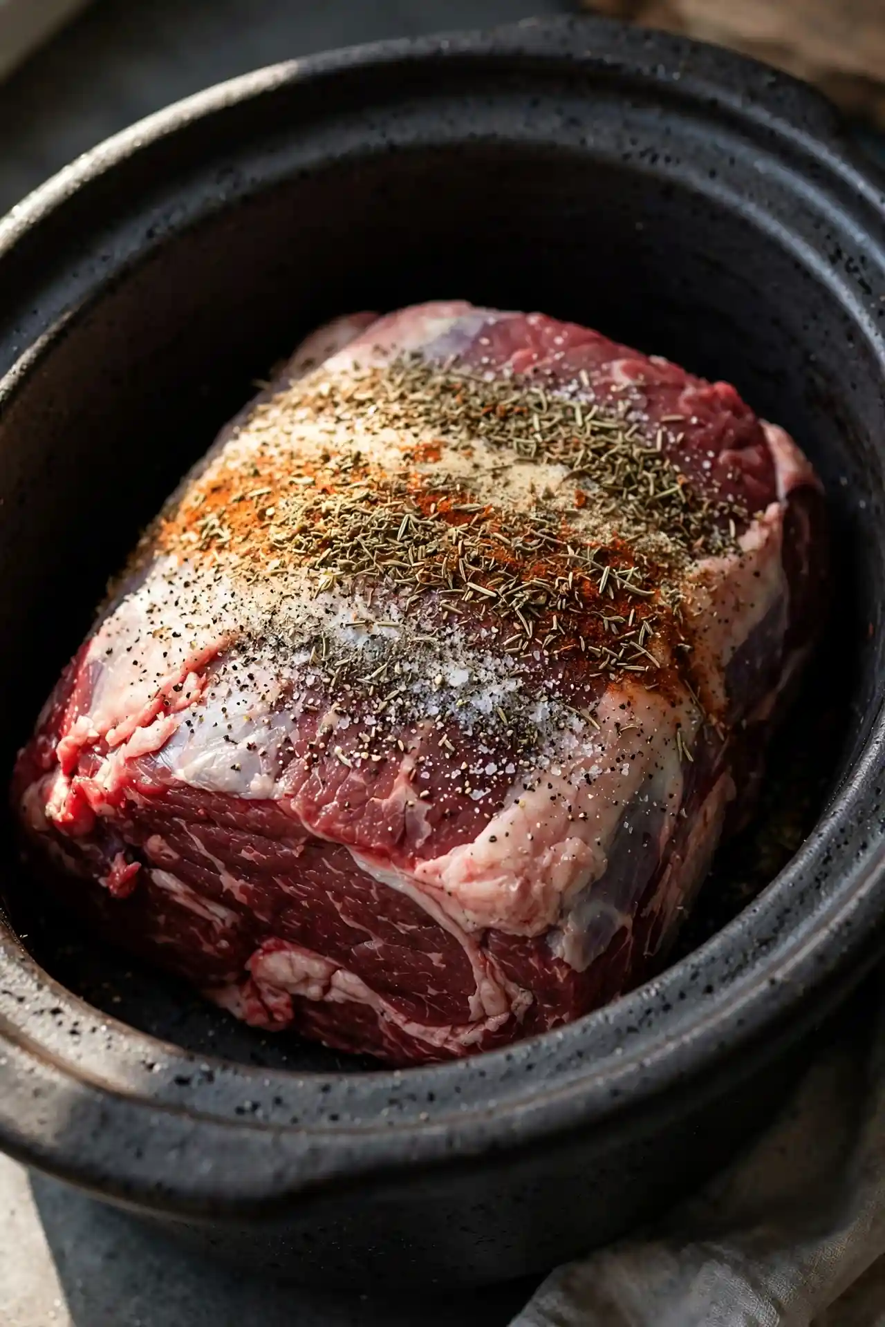 Raw chuck roast in slow cooker with dry ranch and au jus seasoning on top — early step in making mississippi pot roast