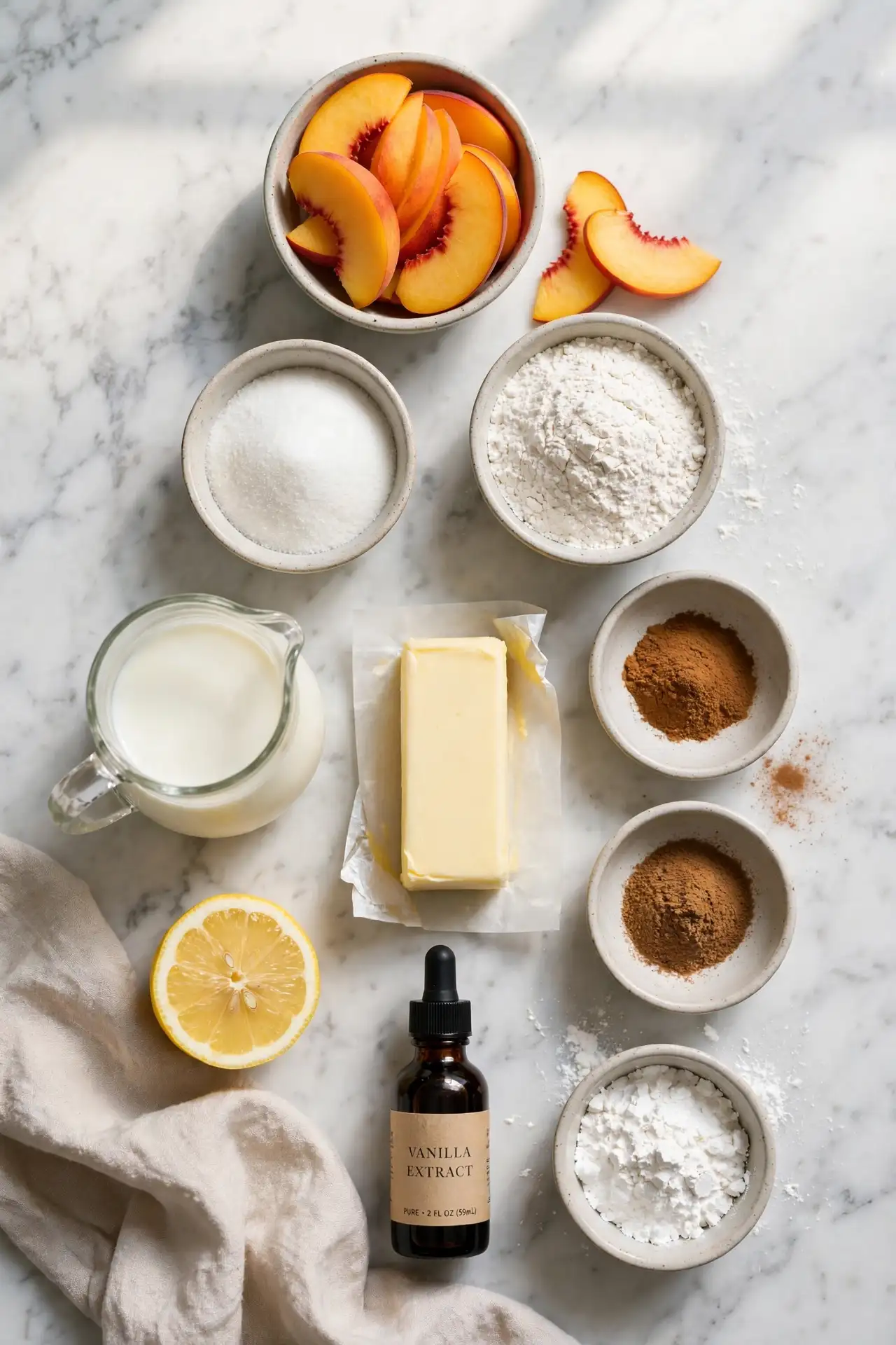 All ingredients for peach cobbler arranged flat on white marble, including fresh peach slices, sugar, flour, butter, milk, and spices — peach cobbler ingredients