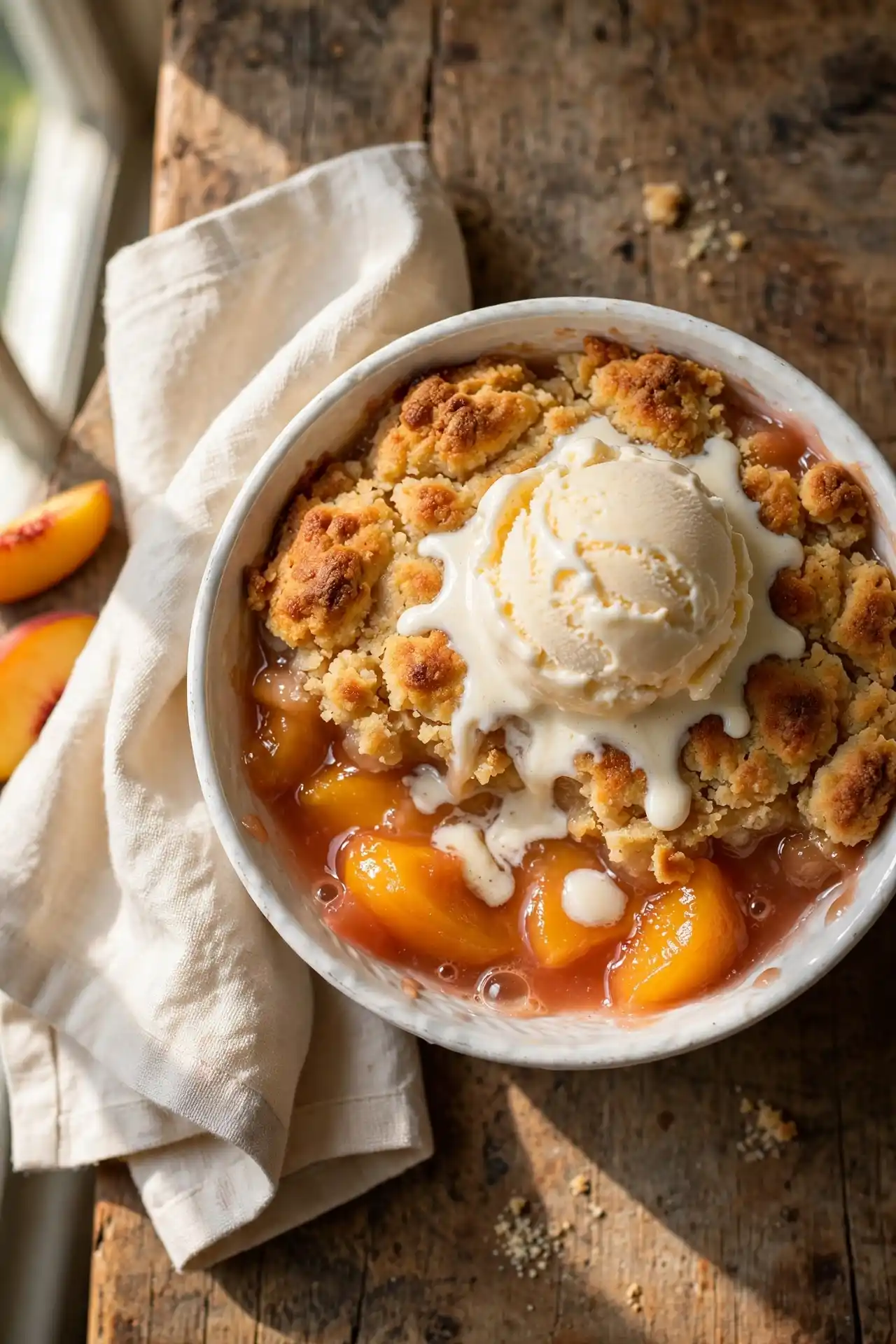 Peach cobbler in a white ceramic bowl topped with a scoop of vanilla ice cream beginning to melt, natural light overhead shot