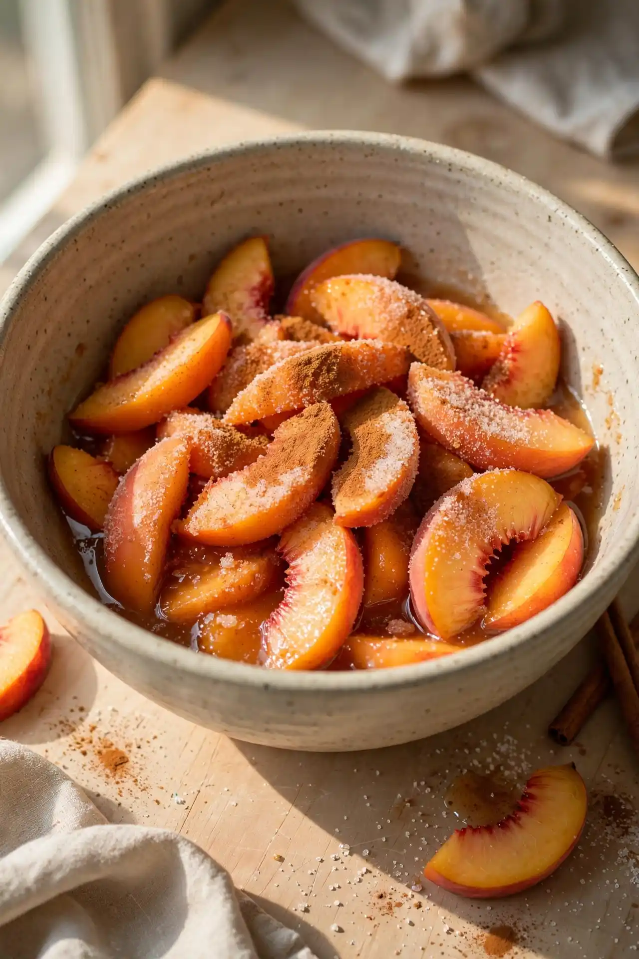 Fresh peach slices coated in sugar and cinnamon in a ceramic mixing bowl, syrup forming at the bottom — step in making peach cobbler