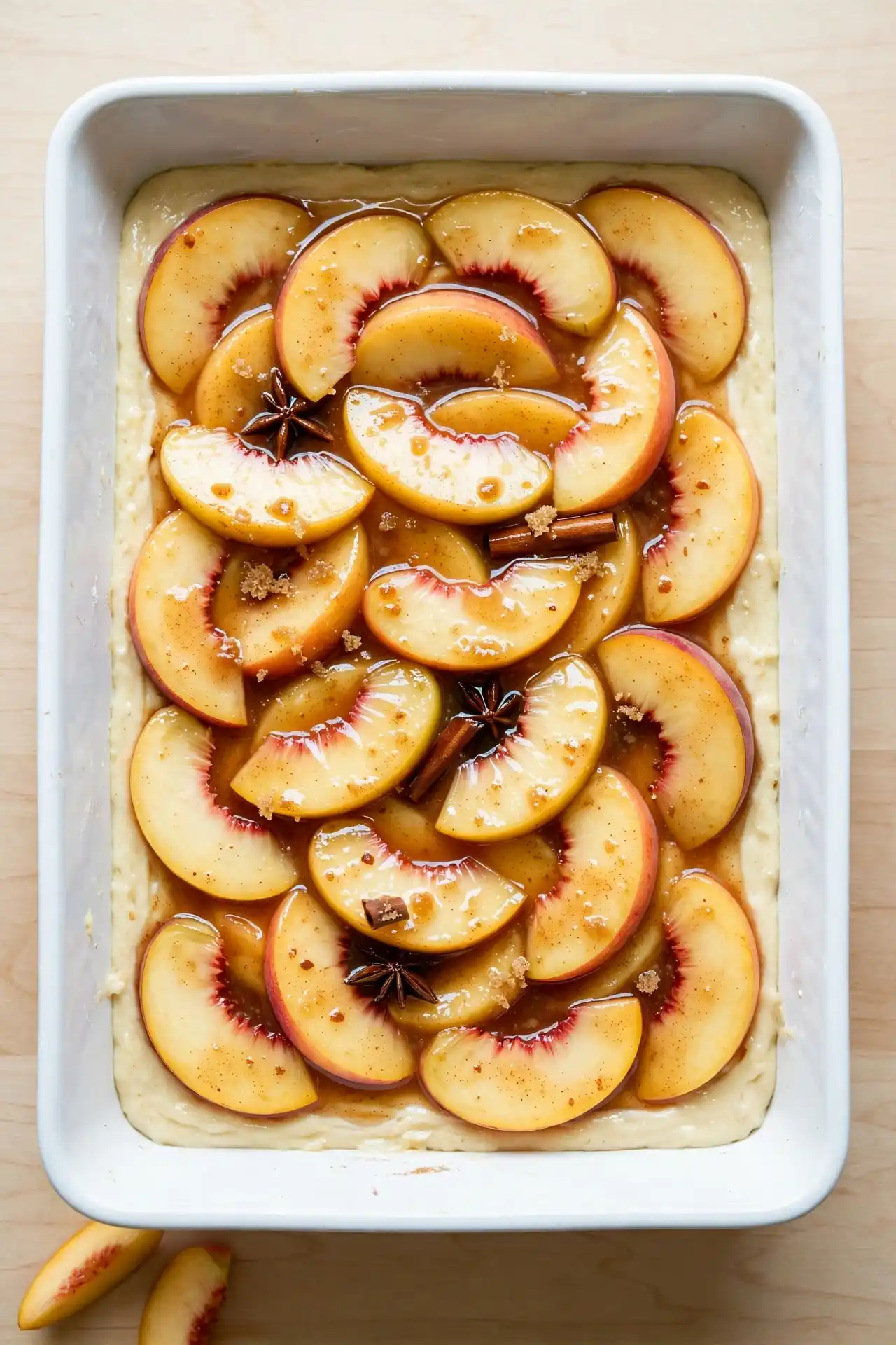 Unbaked peach cobbler in a white ceramic baking dish showing batter and peach filling layers before going into the oven — step in making peach cobbler