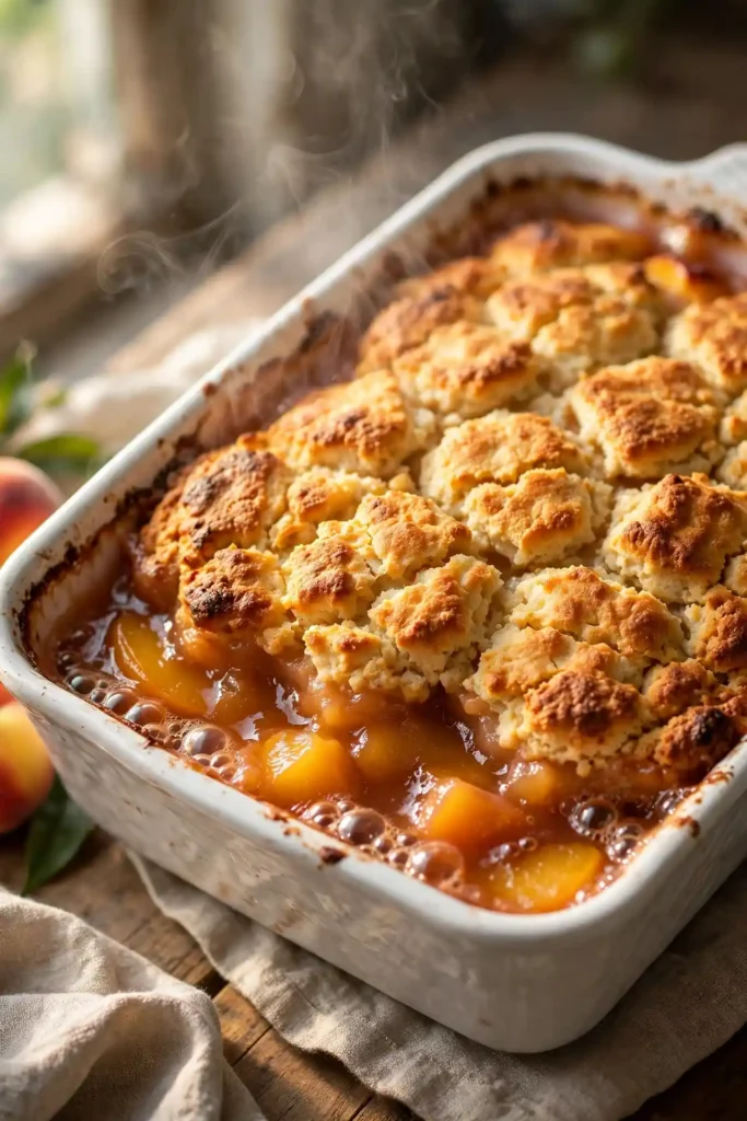Freshly baked peach cobbler in a white ceramic dish with golden crispy topping and bubbling peach filling at the edges — final baked result of peach cobbler