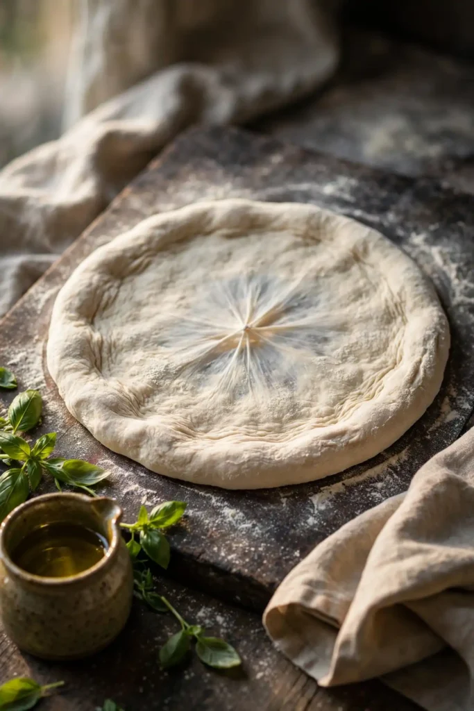 Hand-stretched pizza dough on a floured wooden board dusted with flour, ready for toppings — pizza dough recipe