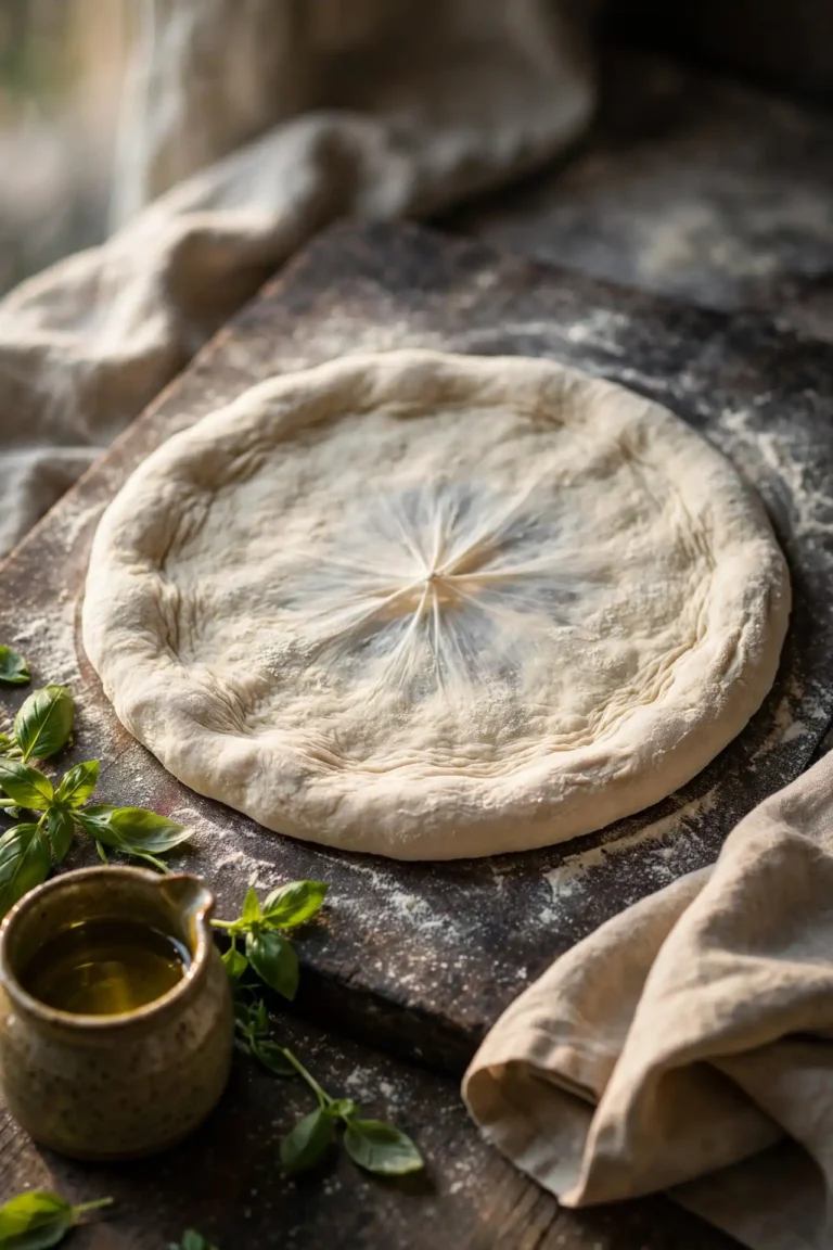 Hand-stretched pizza dough on a floured wooden board dusted with flour, ready for toppings — pizza dough recipe