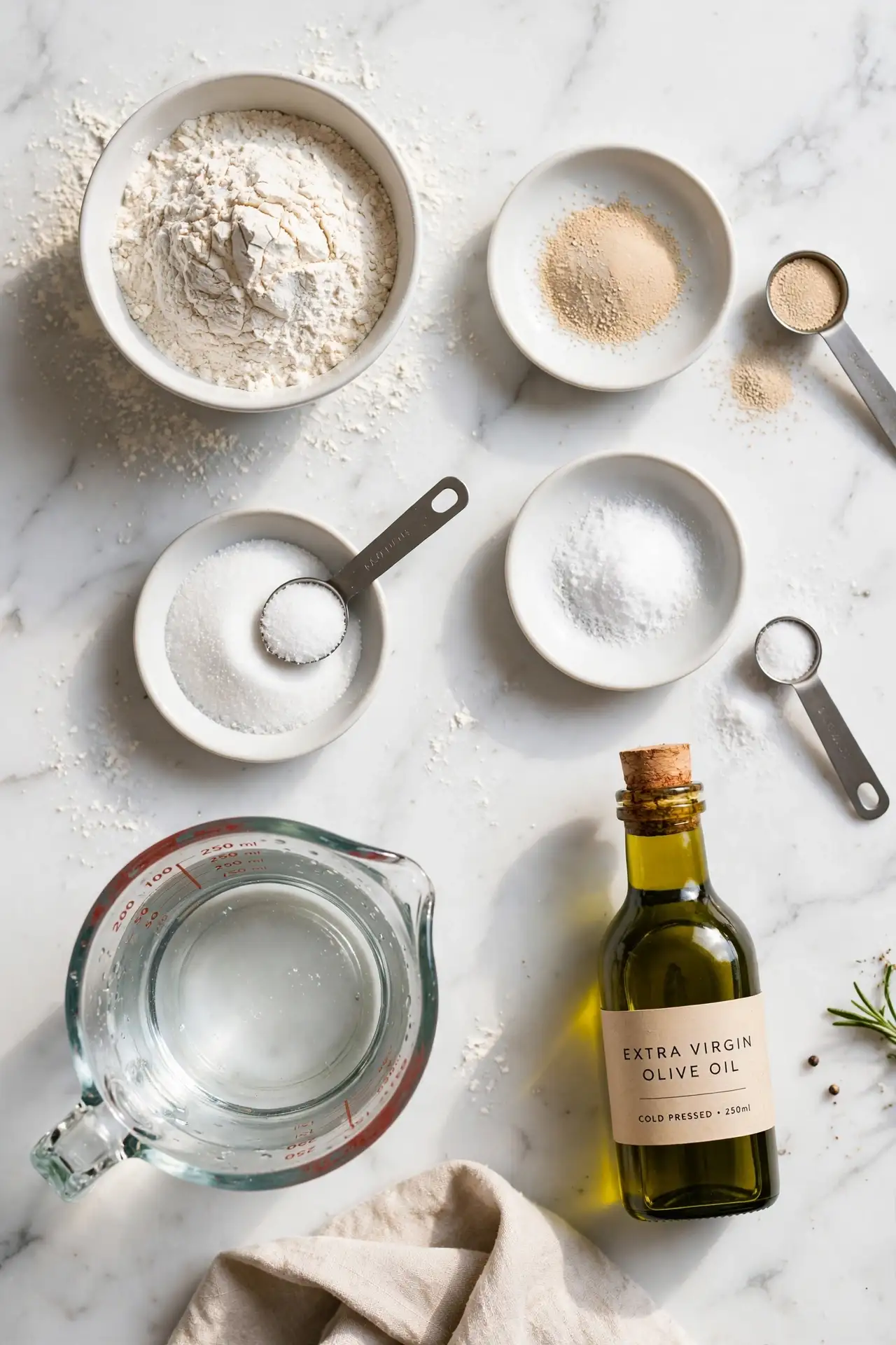 All ingredients for pizza dough laid out on white marble — bread flour, yeast, salt, sugar, olive oil, and warm water — pizza dough recipe ingredients