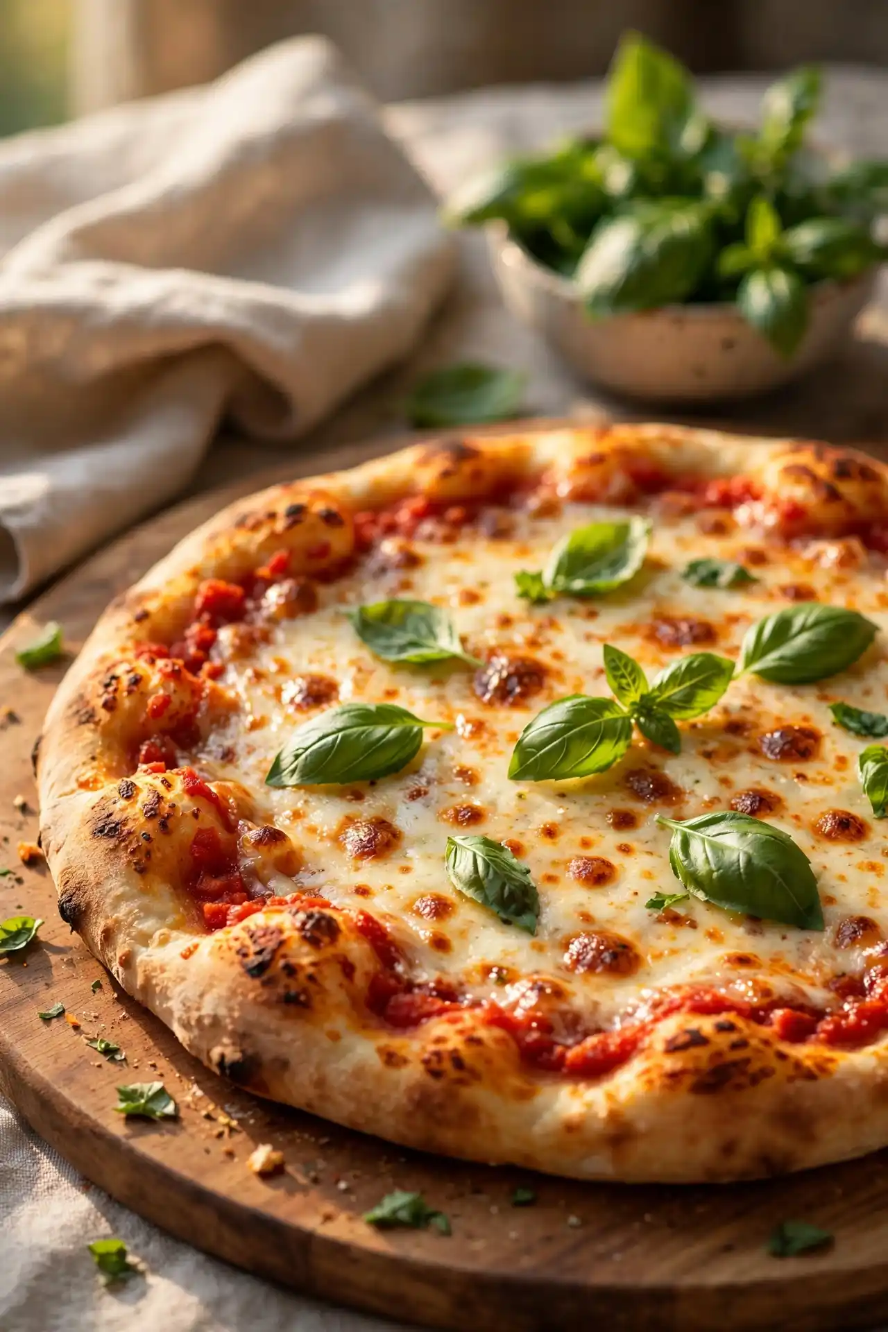 Homemade Margherita pizza on a wooden board with fresh basil and melted mozzarella — serving suggestion for pizza dough recipe
