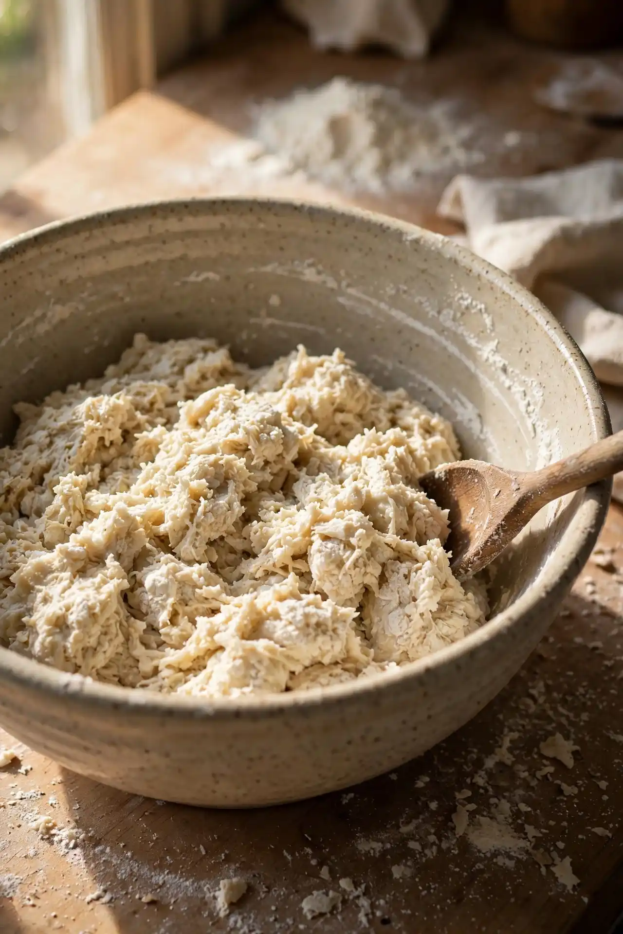 Shaggy pizza dough just mixed in a ceramic bowl with a wooden spoon, rough and unworked — early step in making pizza dough recipe