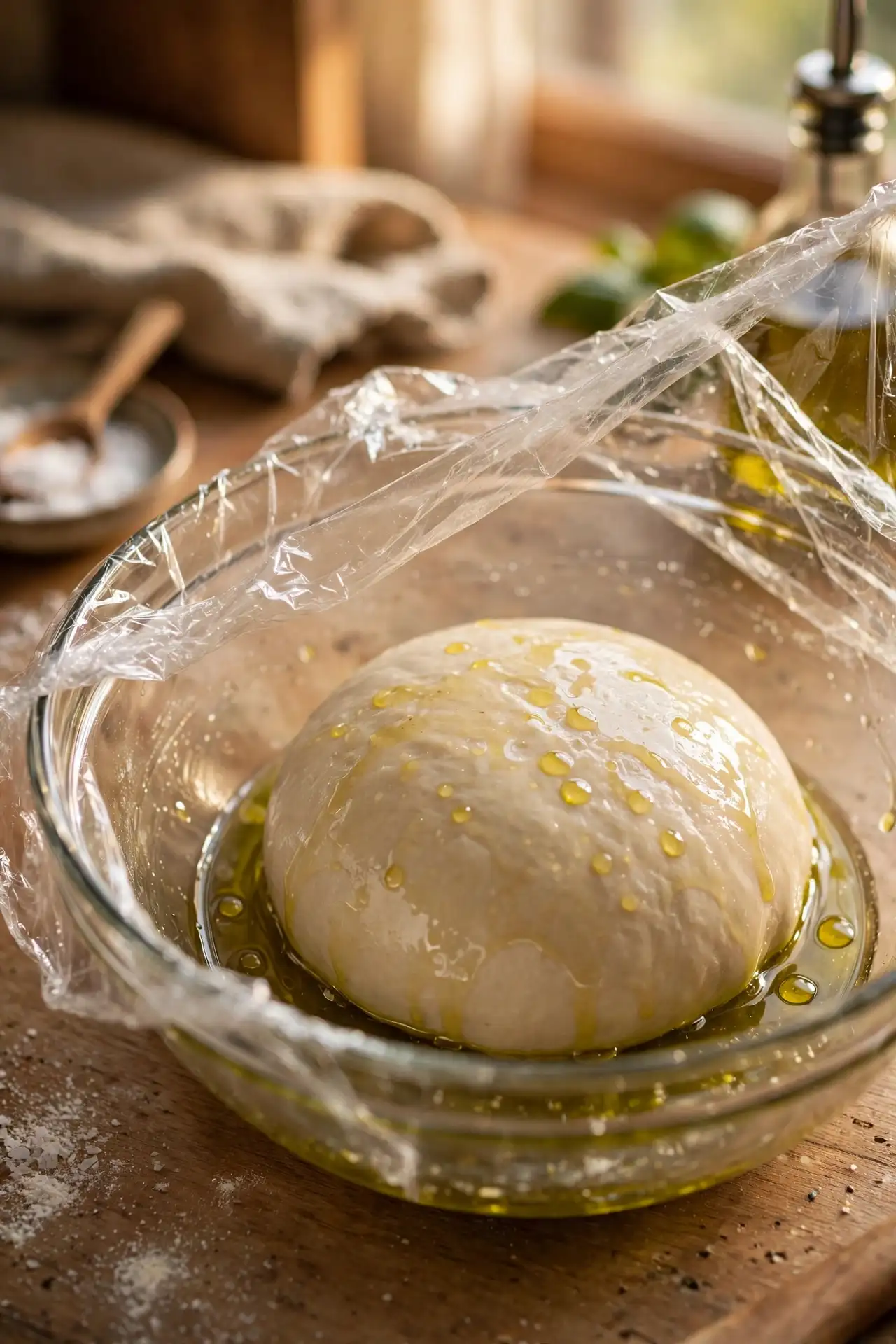 Smooth pizza dough ball in an oiled glass bowl covered with plastic wrap, ready to rise — proofing step in the pizza dough recipe