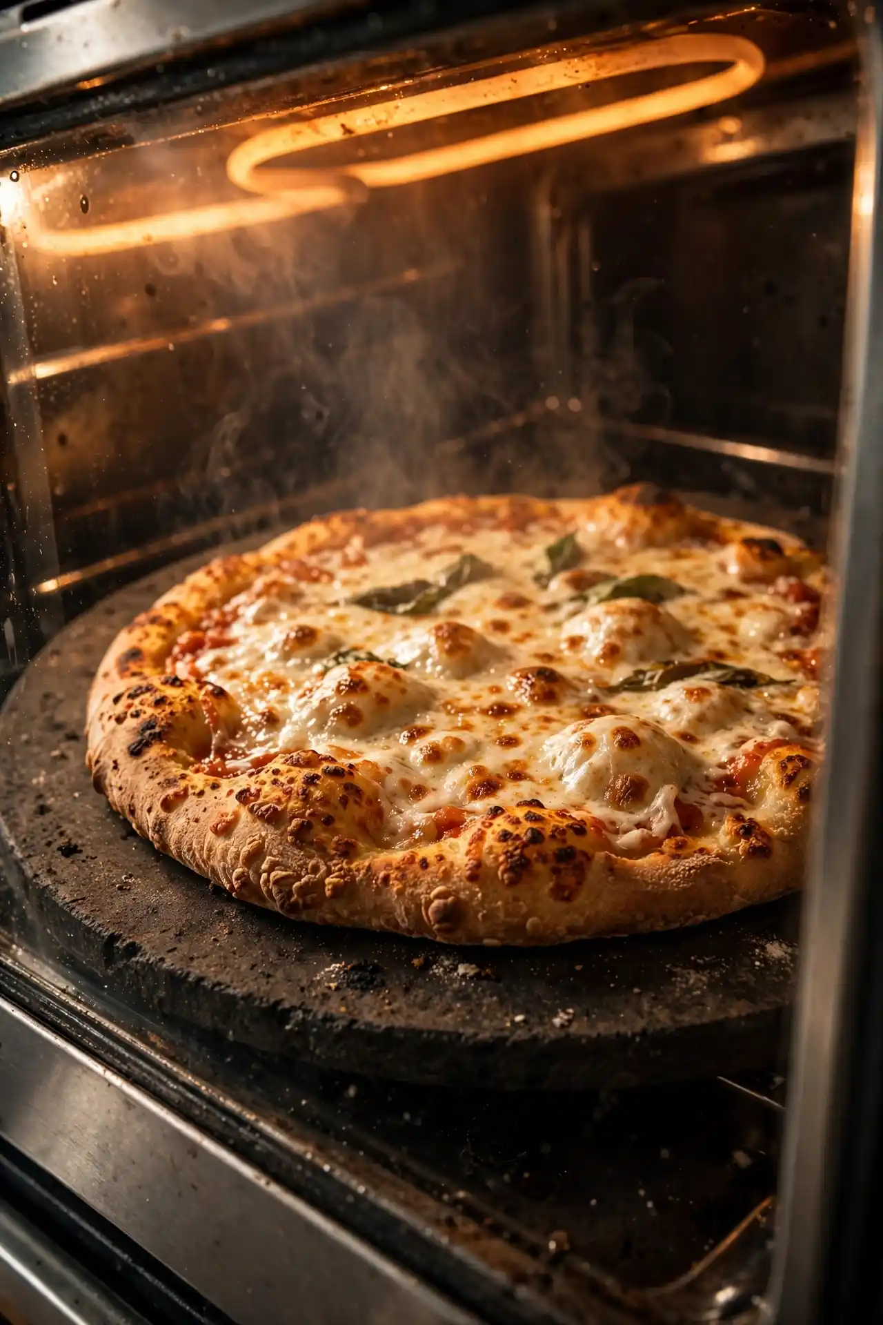 Homemade pizza baking on a pizza stone, crust golden at the edges and cheese bubbling — final baking step in the pizza dough recipe