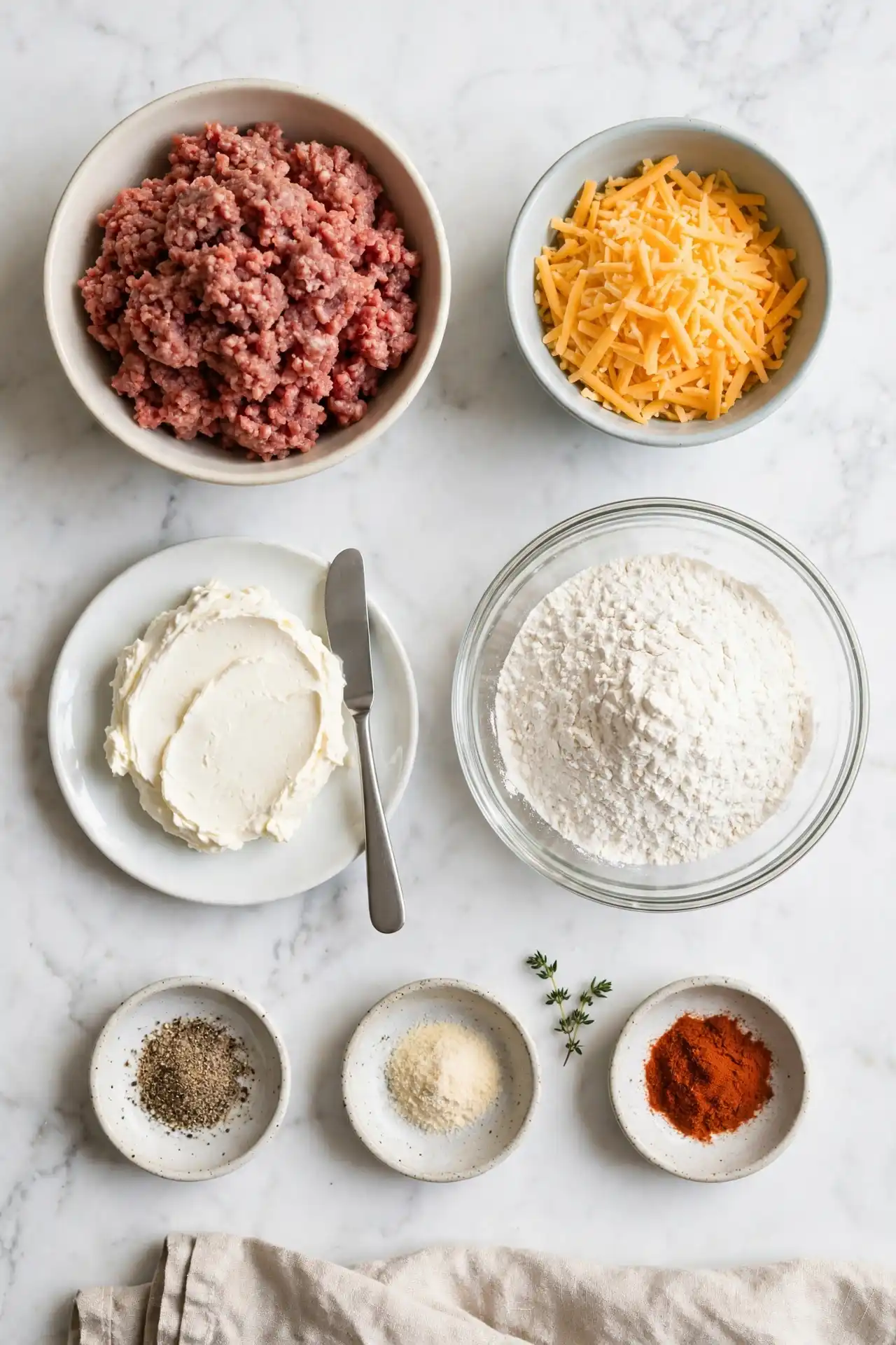 All ingredients for sausage balls laid out flat on white marble — sausage balls recipe ingredients
