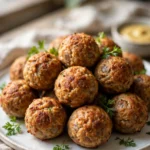 Sausage balls served on a white ceramic platter garnished with parsley, natural light — sausage balls recipe