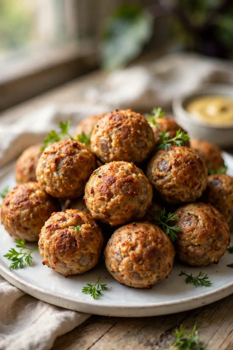 Sausage balls served on a white ceramic platter garnished with parsley, natural light — sausage balls recipe