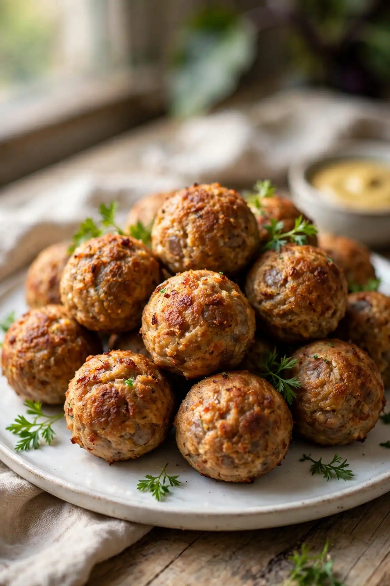 Sausage balls served on a white ceramic platter garnished with parsley, natural light — sausage balls recipe