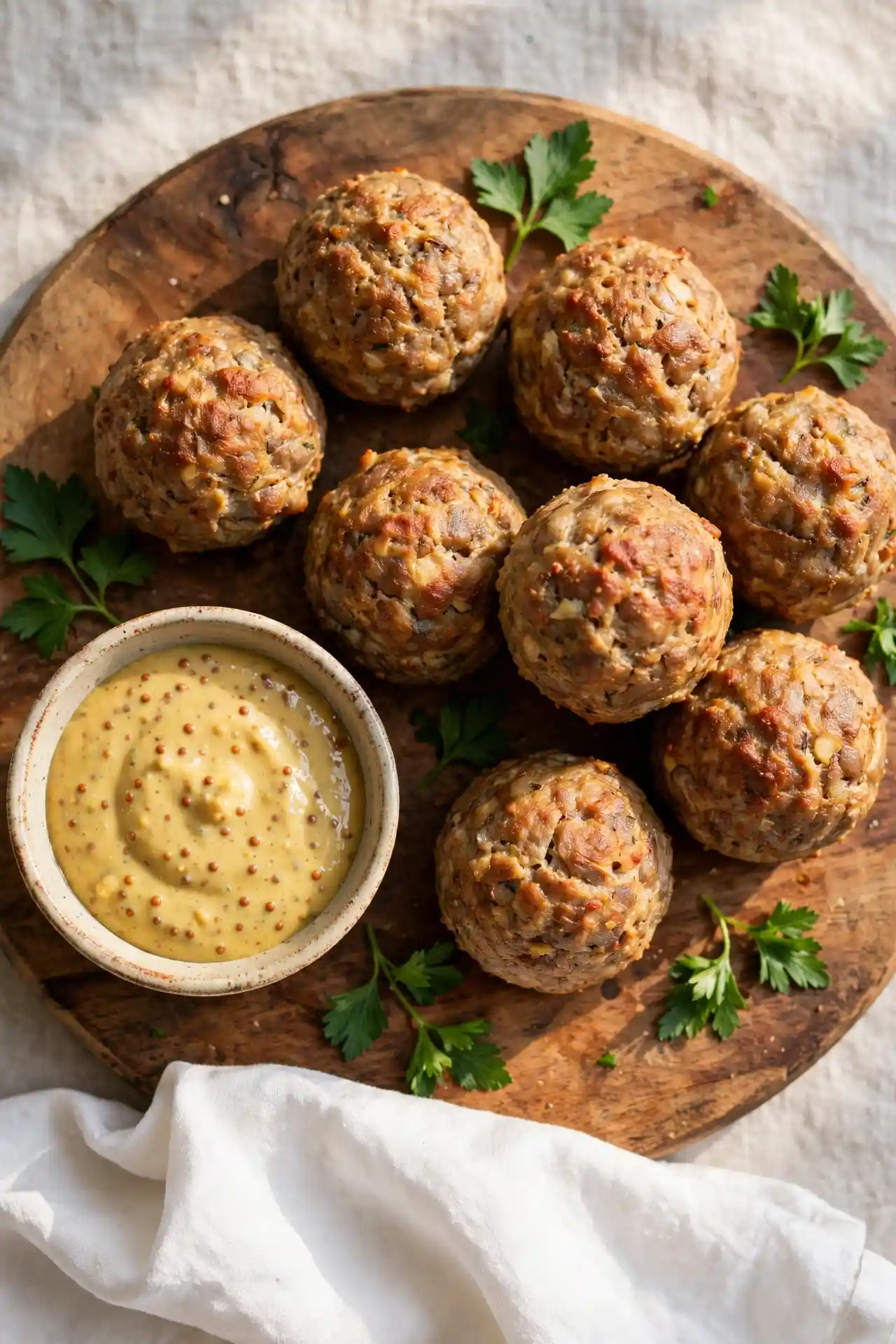 Sausage balls served on a wooden board with honey mustard dipping sauce, ready to serve — sausage balls recipe