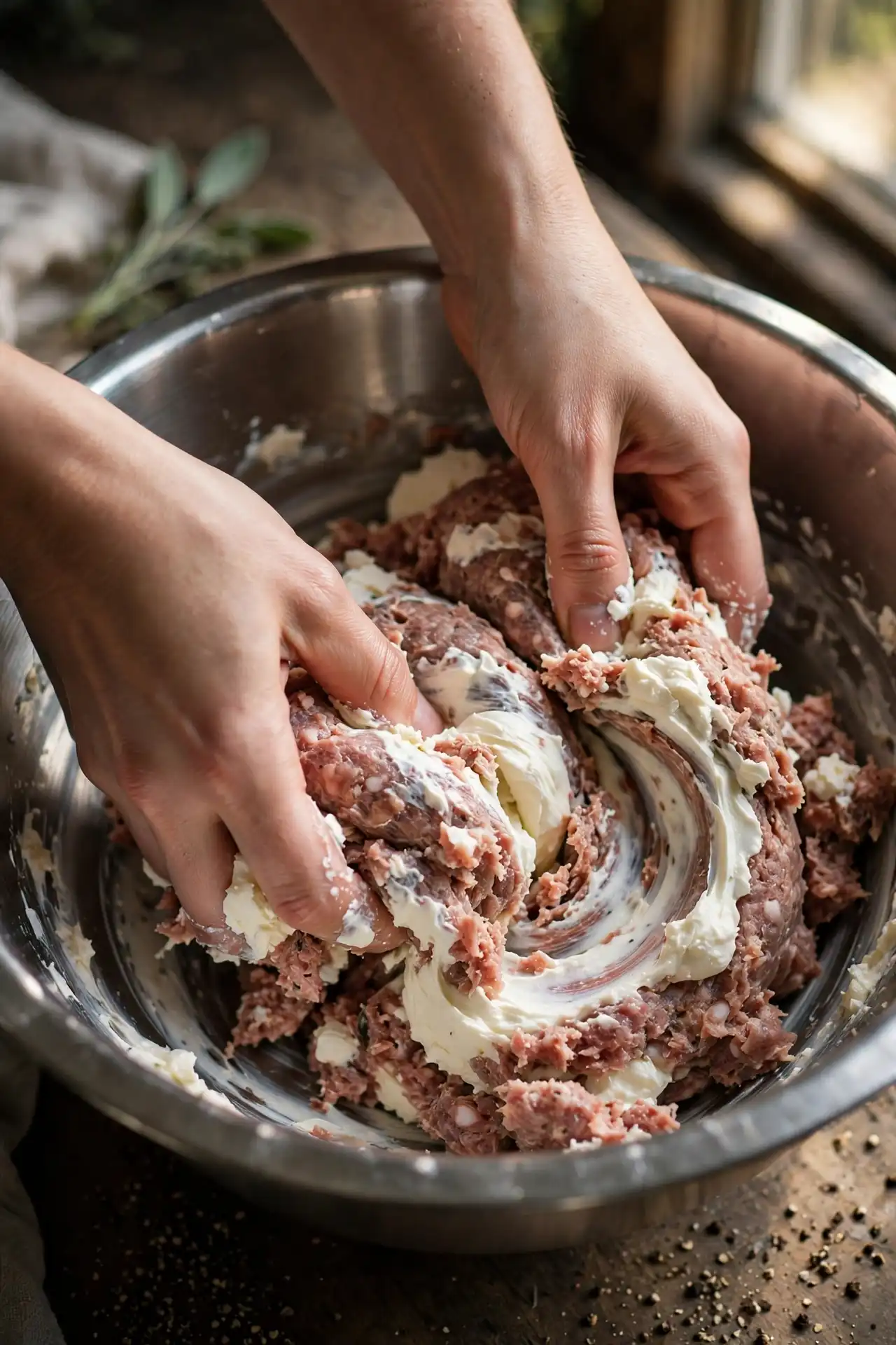 Hands combining raw sausage meat and cream cheese in a bowl — step in making sausage balls