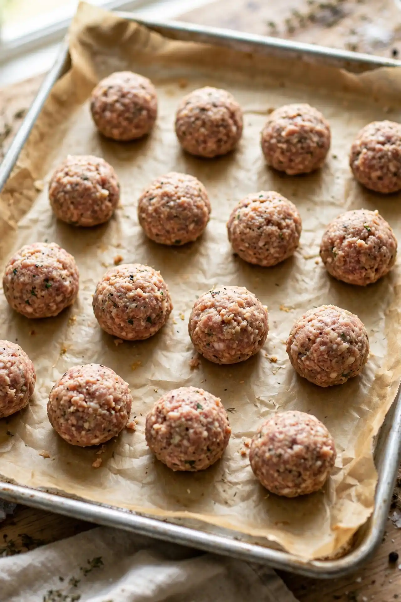 Raw sausage balls arranged on a parchment-lined baking sheet ready to bake — step in making sausage balls